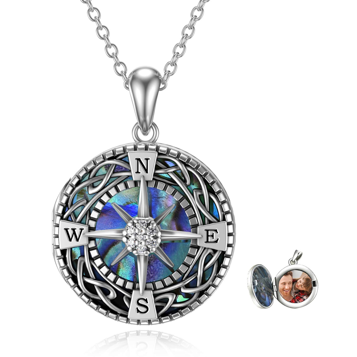 URONE Personalized Sterling Silver Celtic Knot Compass Locket Necklace with Abalone Shell - Holds Pictures, Inspirational Graduation Gift for Women & Men - Perfect for Travel, Outdoor Adventures & Special Occasions