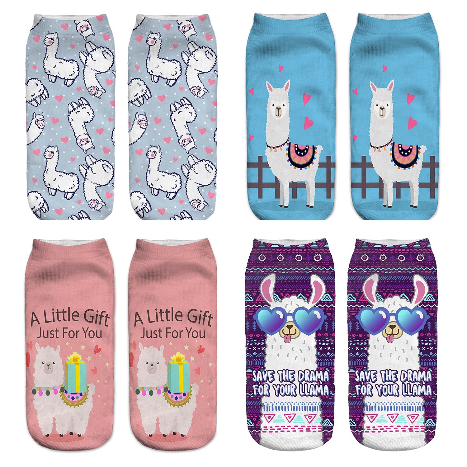 4PCS Women's Cute Llama & Alpaca Animal Ankle Socks - Soft Cotton Socks for Girls, Perfect Gift for Christmas, Birthday - Ideal for Casual Wear, Gifts, and Everyday Comfort