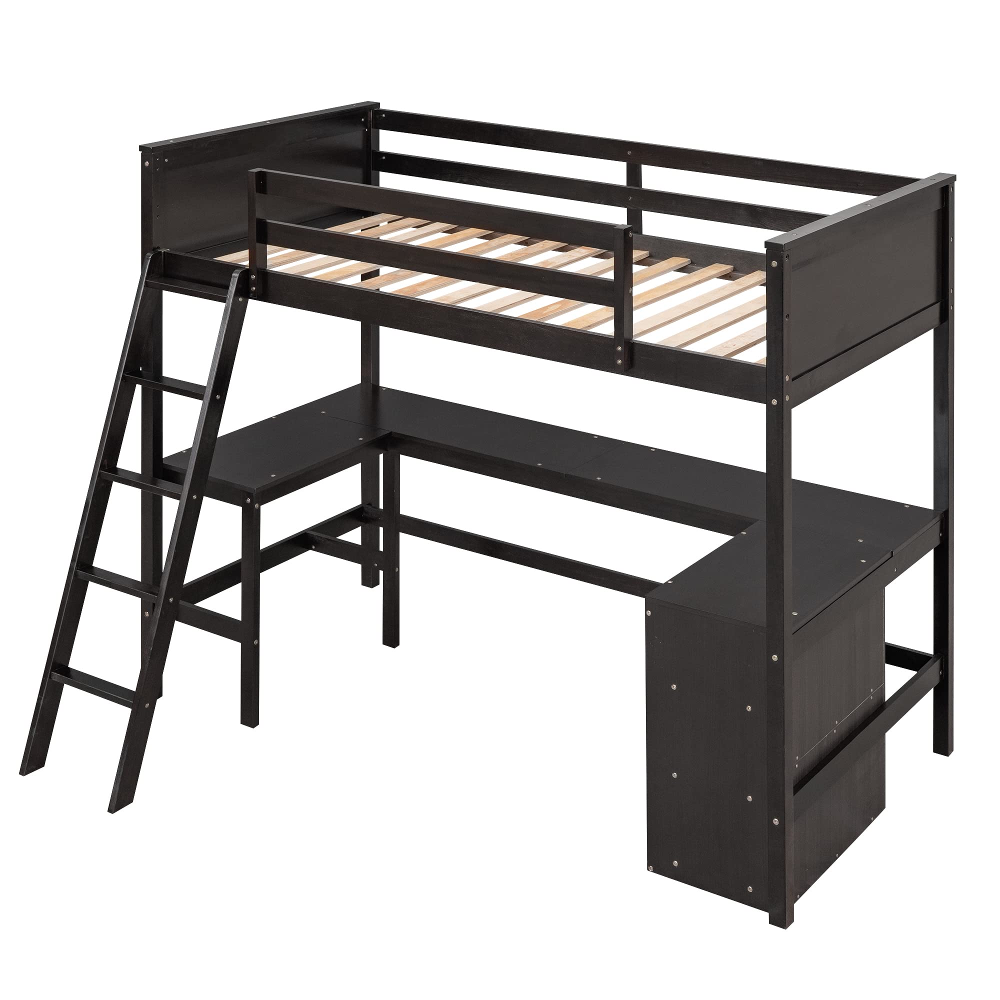 SOFTSEA Twin Loft Bed with Desk & Storage - Wooden Bunk Bed Frame with Shelves for Kids, Teens, Boys & Girls - Perfect for Dorm Rooms, Small Spaces & Bedroom Organization - Espresso Finish