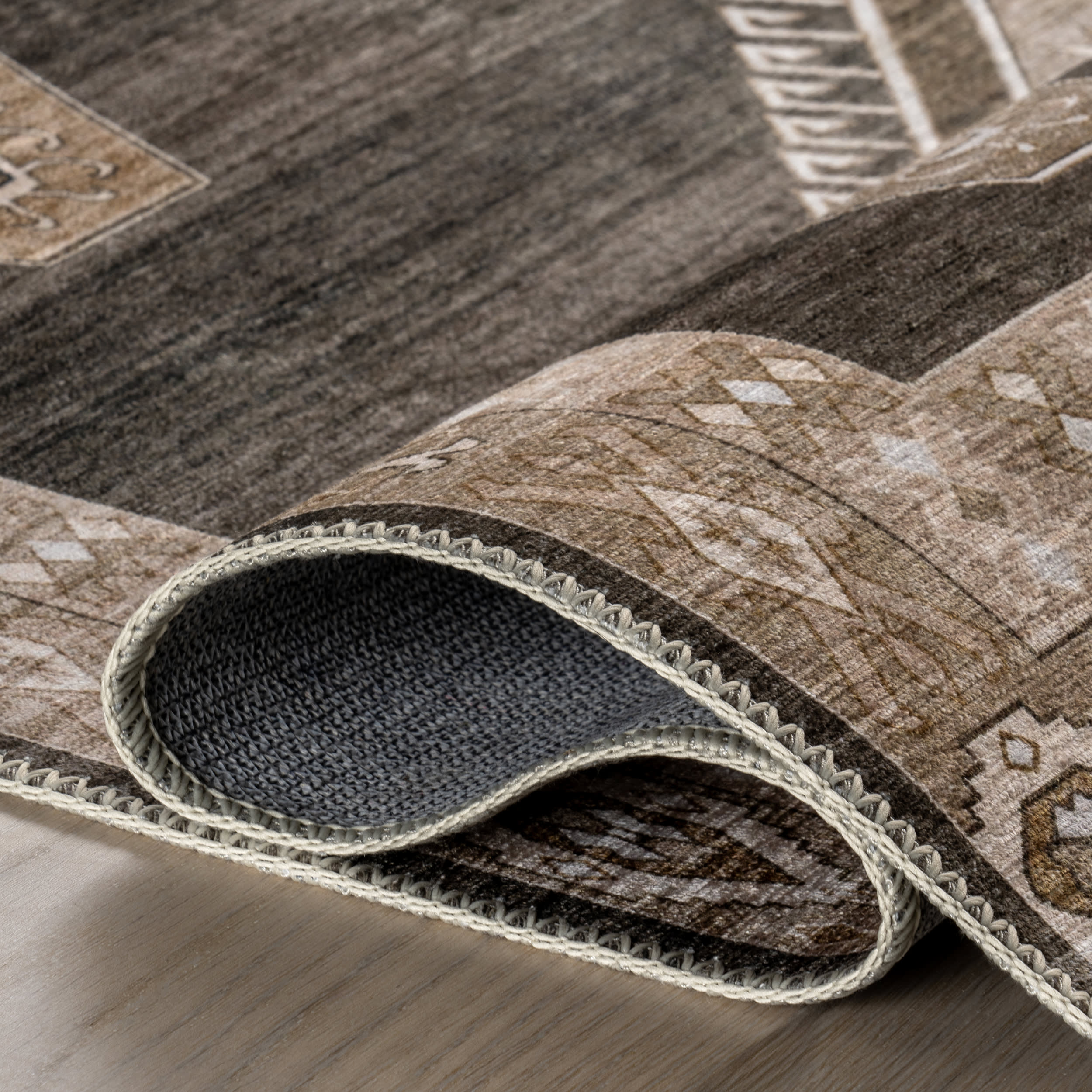Dark Brown Taro Medallion Spill Proof Washable Rug - Non-Slip Kitchen & Living Room Floor Mat for Home Decor