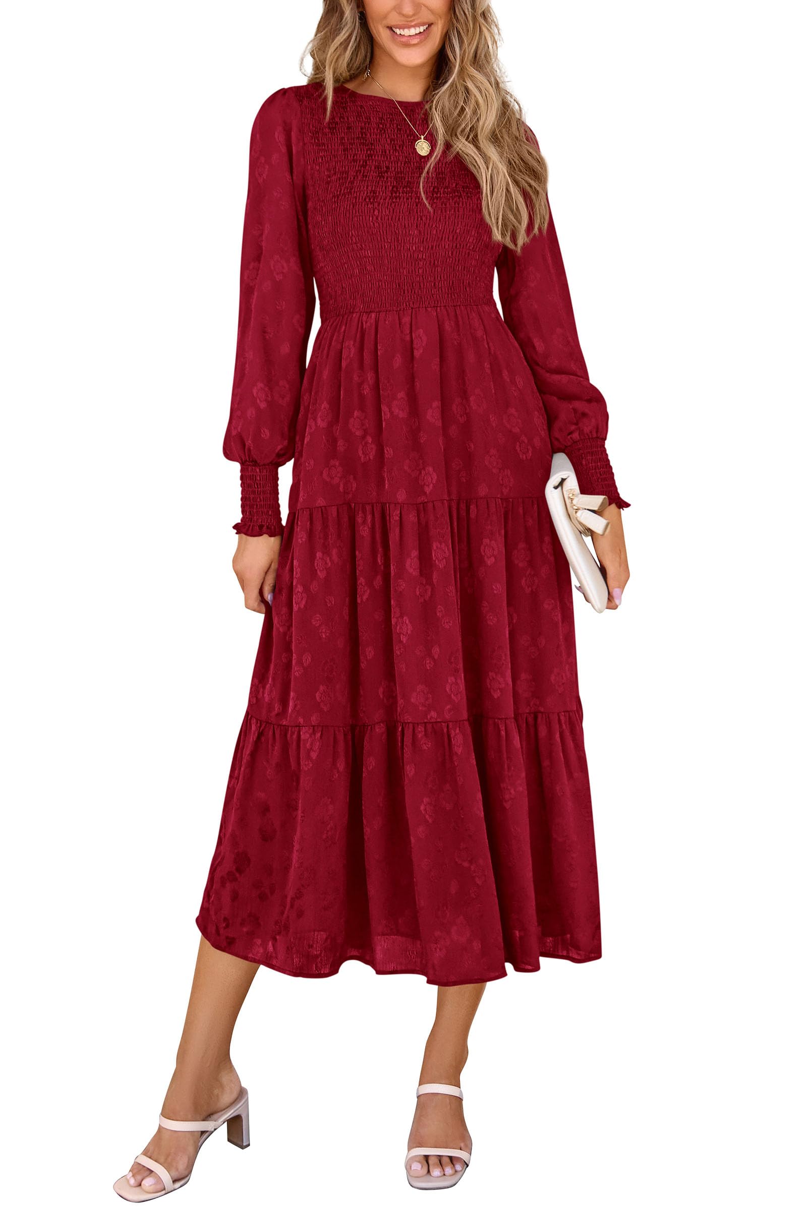 PRETTYGARDEN Women's Floral Midi Dress with Long Sleeves & Pockets - Elegant Smocked Waist Wedding Guest Dress for Spring & Fall | Perfect for Bridal Showers, Garden Parties & Formal Events
