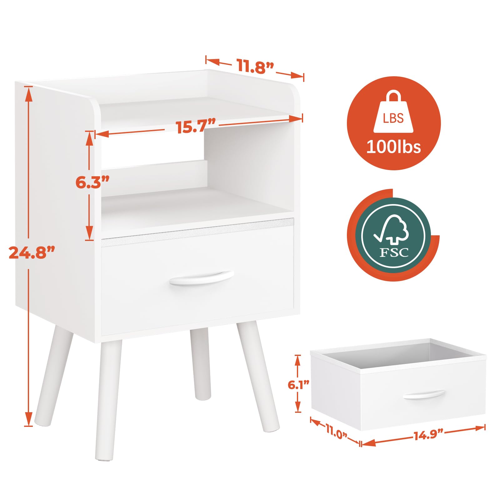 Yoobure Modern Nightstand with Drawer - Mid Century Bedside Table with Open Storage Shelf & 2-Tier Design, Solid Wood Small Night Stand for Bedroom - Perfect for Storing Books, Lamps & Bedroom Essentials