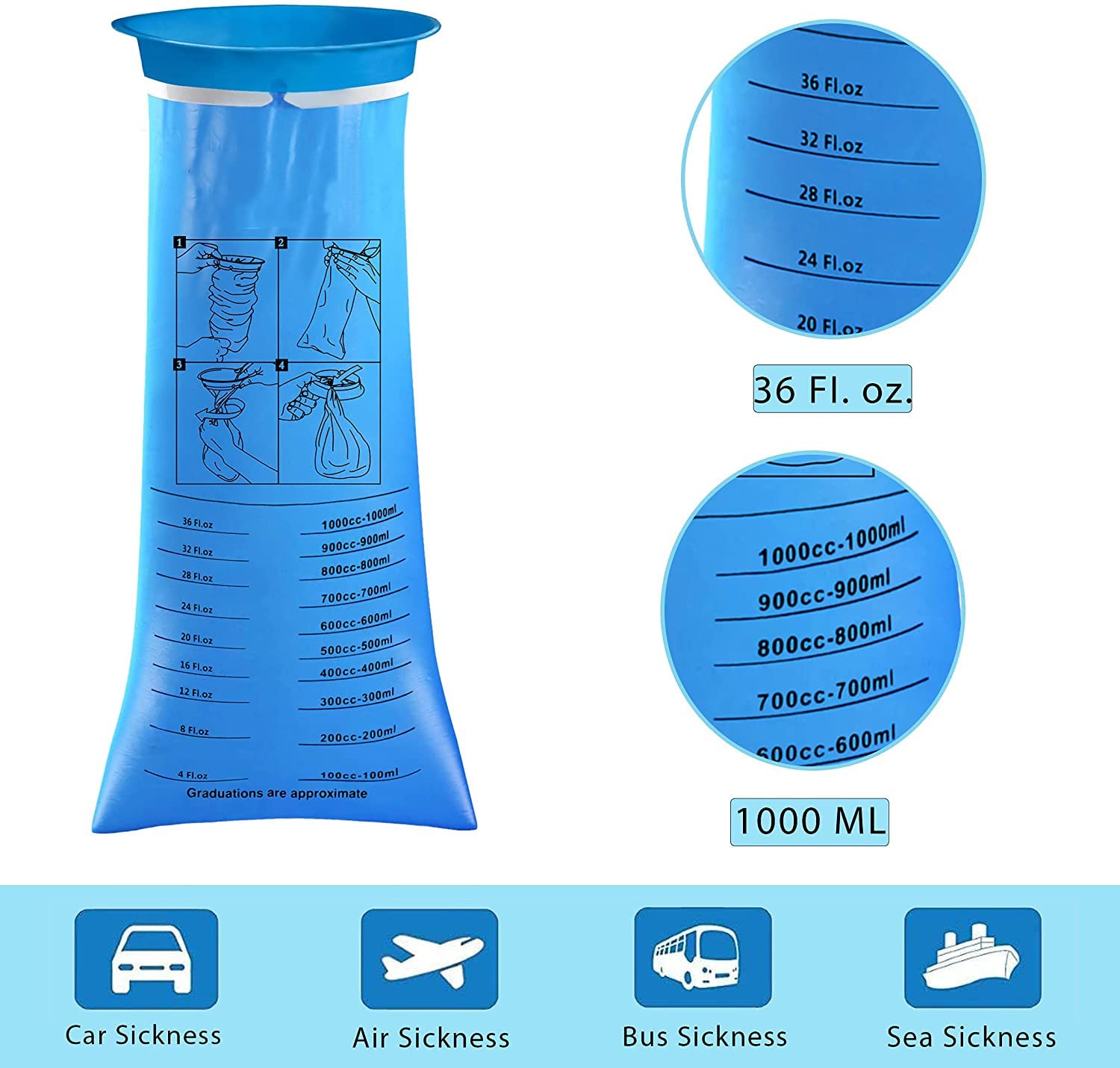 26 Pack Disposable Vomit Bags - 1000ml Emesis Bags for Motion Sickness - Travel, Car, Airplane & Pregnancy Nausea Relief - Leakproof Barf Bags for Kids & Adults (Ideal for Road Trips, Flights & Morning Sickness)