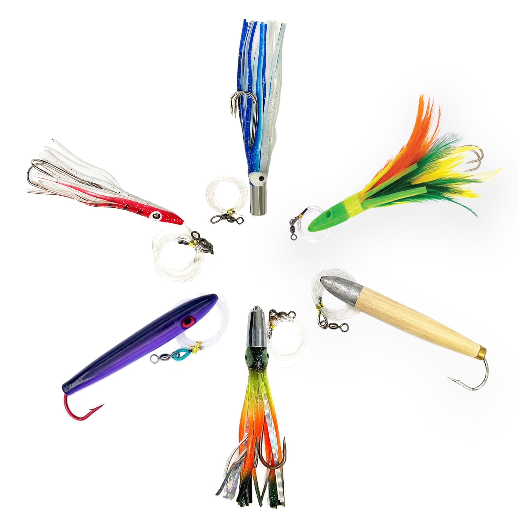 Premium Tuna Fishing Lures Kit - 6-Piece Saltwater Offshore Fishing Gear Set with Cedar Plugs, Jet Head Lures, Tuna Feathers & Durable Tackle Bag | Perfect for Deep Sea Tuna Fishing, Charter Trips & Sport Fishing Adventures
