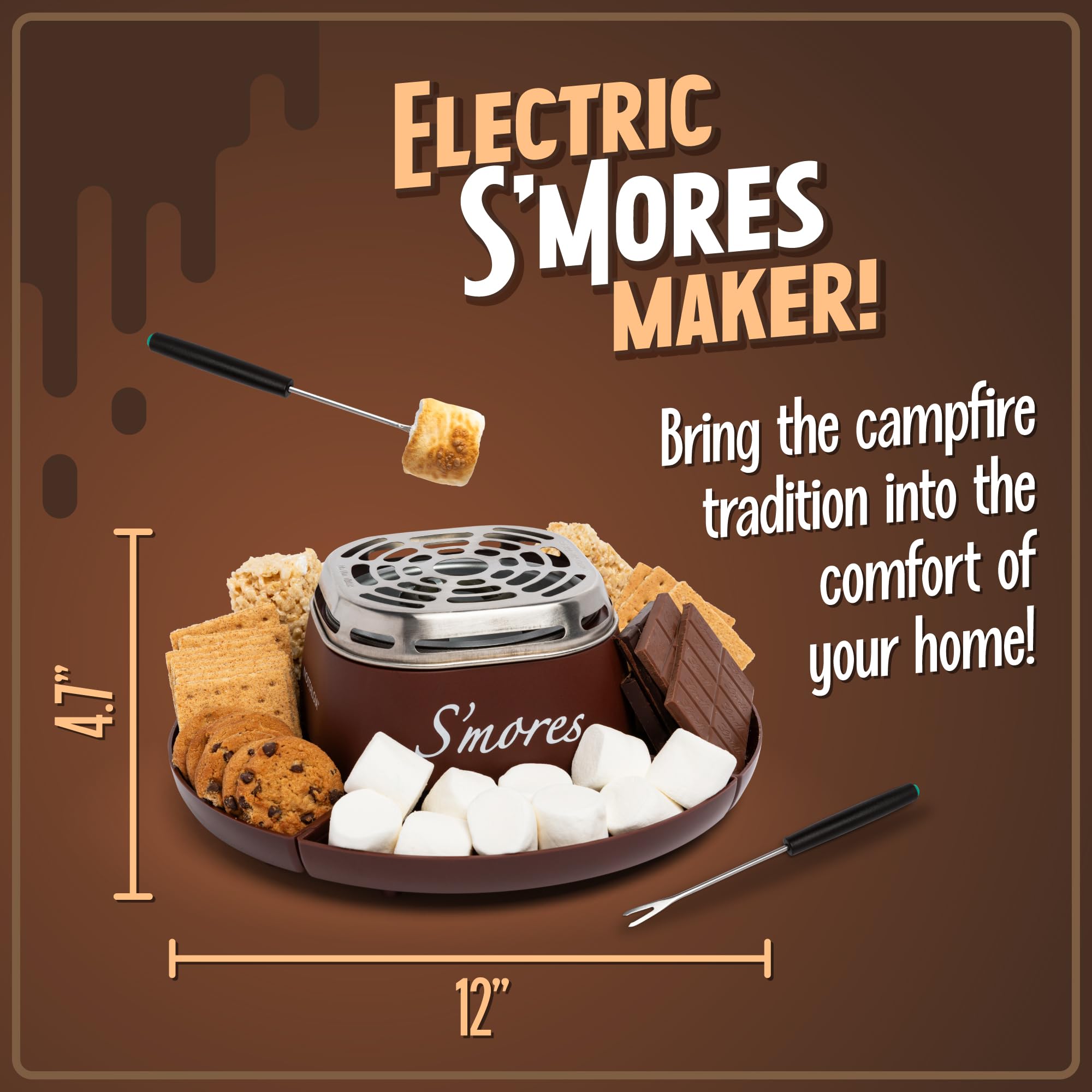 Nostalgia Indoor Electric S'mores Maker Kit with 4-Compartment Trays - Perfect for Family Movie Nights, Camping at Home, and Cozy Balcony Decor - Brown