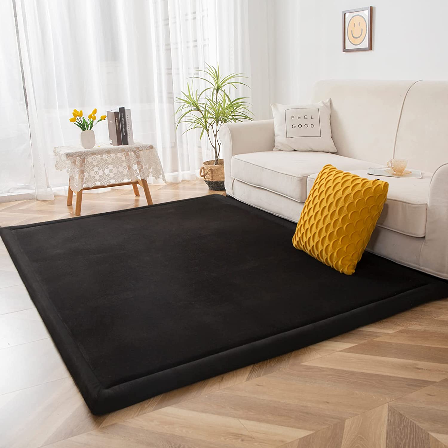 MAXYOYO Baby Play Mat - Soft Coral Velvet Thick Japanese Tatami Style Rug with Non-Slip Backing, Black | Perfect for Nursery, Kids Room & Playtime Safety