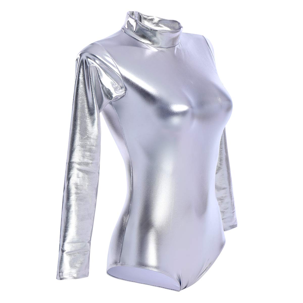 IBTOM CASTLE Women's Dance Ballet Leotards - Long Sleeve Metallic Shiny Leather Turtleneck Gymnastics Bodysuits - Perfect for Ballet, Contemporary Dance, Yoga & Performance