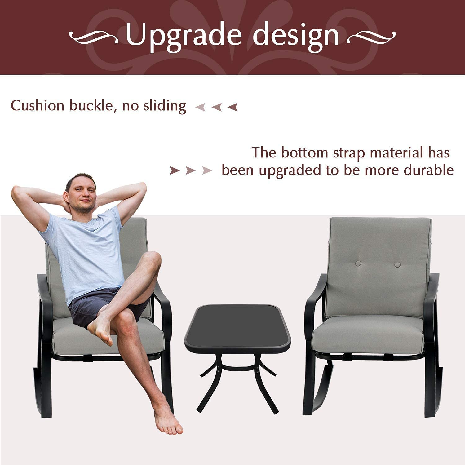 Betterland Outdoor 3-Piece Patio Furniture Set - Rocking Chairs with Thickened Cushions & Glass-Top Coffee Table - Black Metal Bistro Set (Grey) - Perfect for Garden, Backyard, Porch and Balcony Relaxation