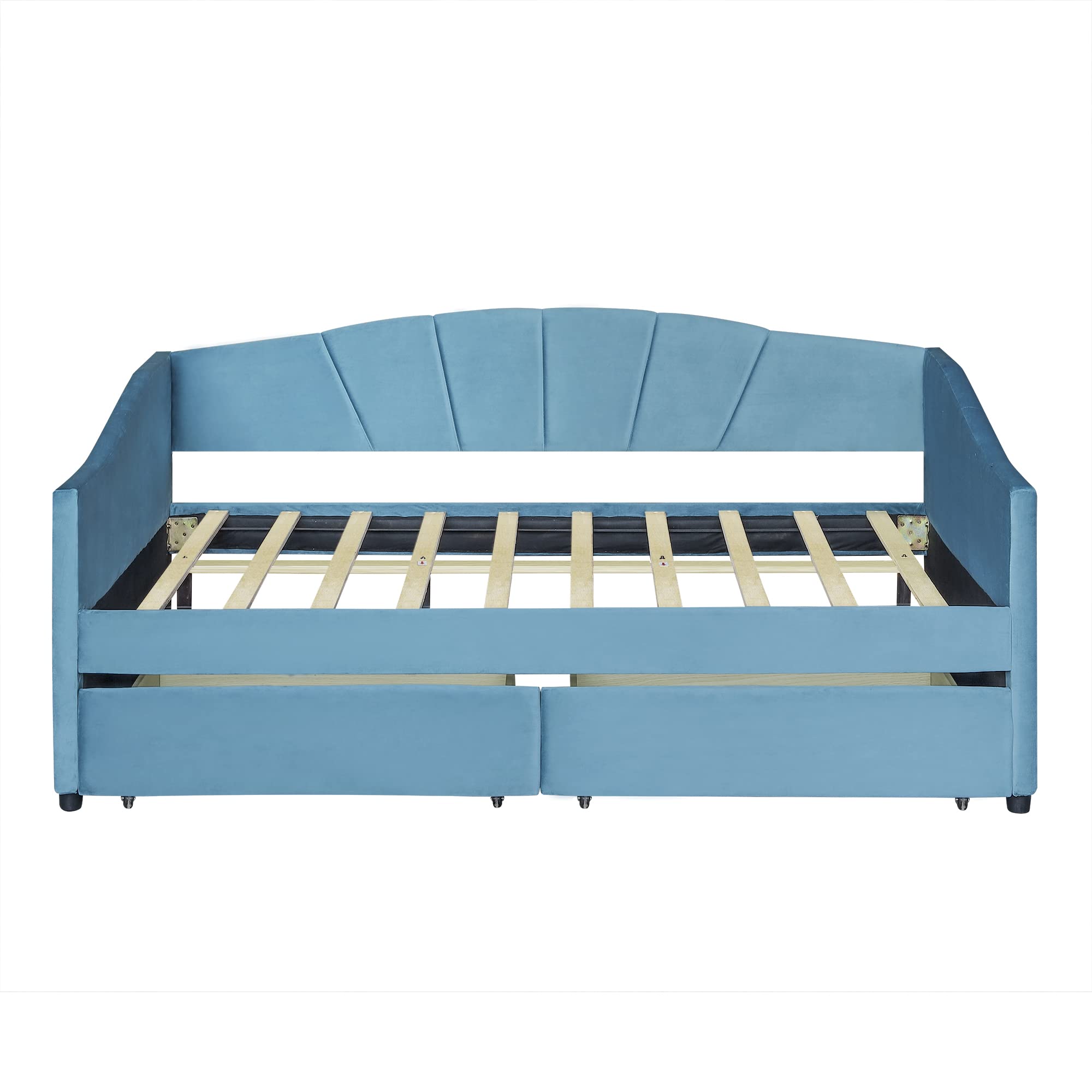 Merax Twin Size Upholstered Daybed with 2 Drawers & Wood Slat Support - Blue Fabric Sofa Bed Frame for Small Spaces, Guest Room & Dormitory