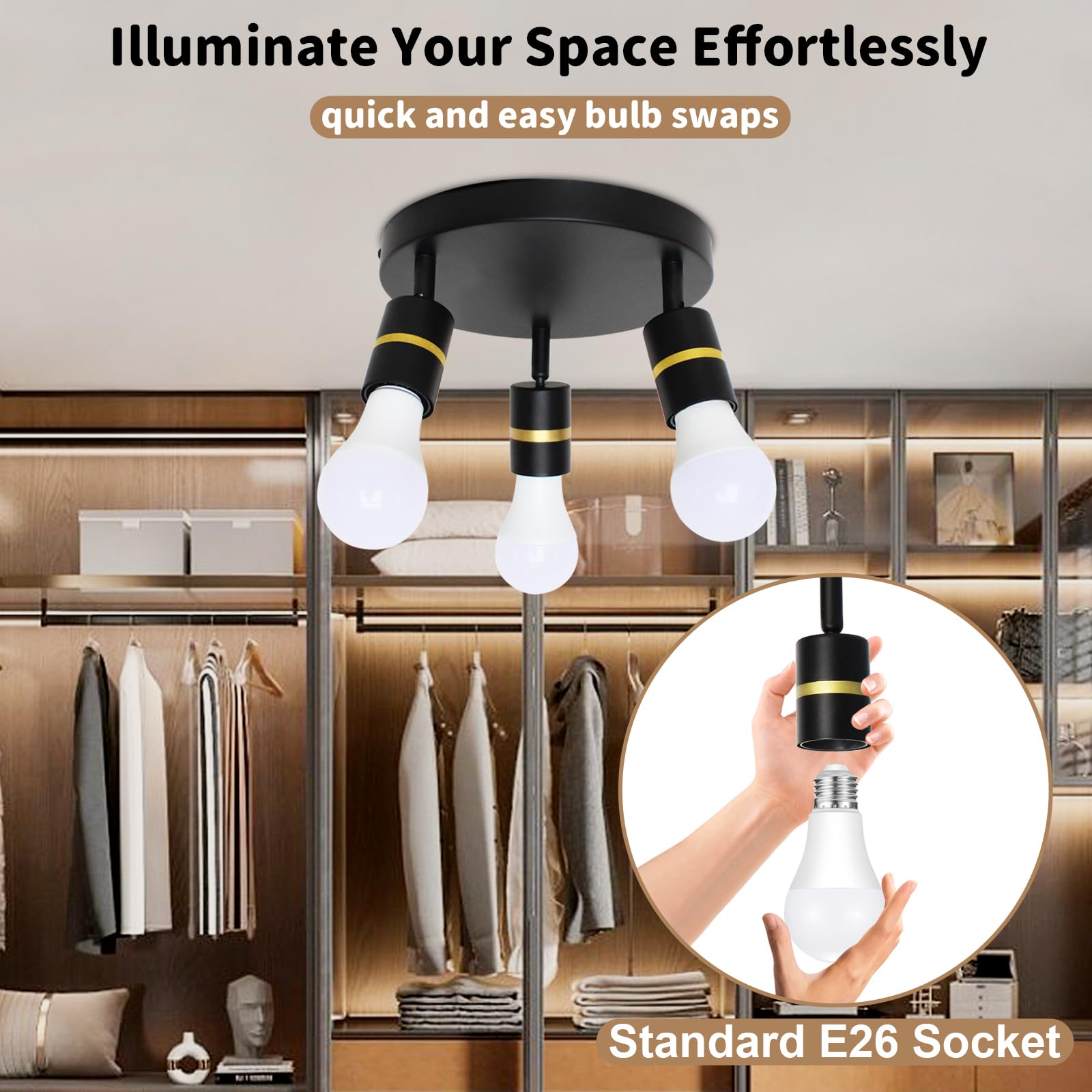 3-Lights Adjustable Track Lighting Fixture, Black Flush Mount Ceiling Light with Rotatable Spotlights for Kitchen, Living Room, Hallway - E26 Base (Bulbs Not Included) | Modern Home & Office Lighting Solution