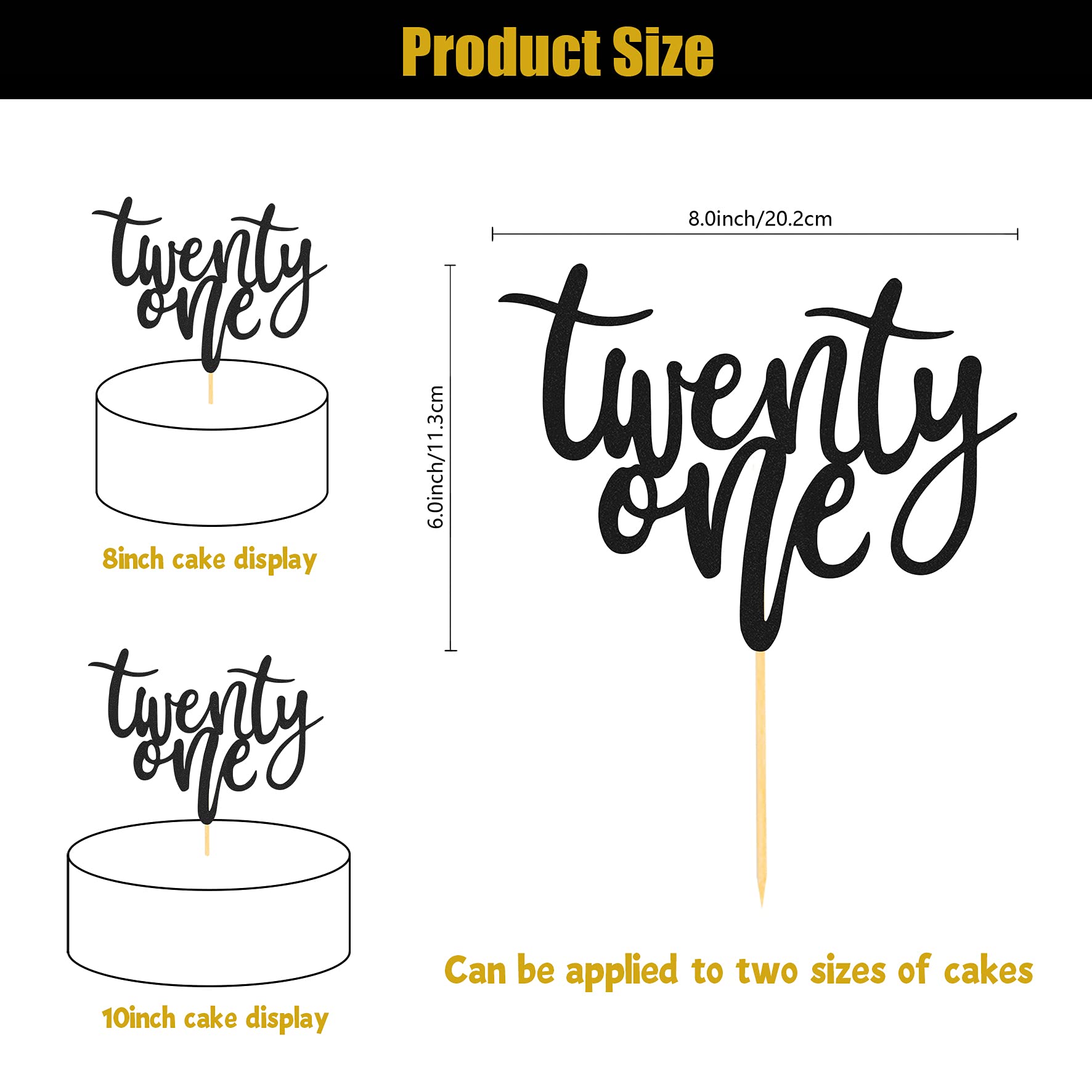 21st Birthday Cake Topper - Black Glitter 8.5 Inch Cake Decorations for Happy Birthday Parties, Wedding Anniversaries & Special Celebrations | Elegant Cake Decoration for 21st Birthday Cakes, Anniversary Cakes & Party Desserts