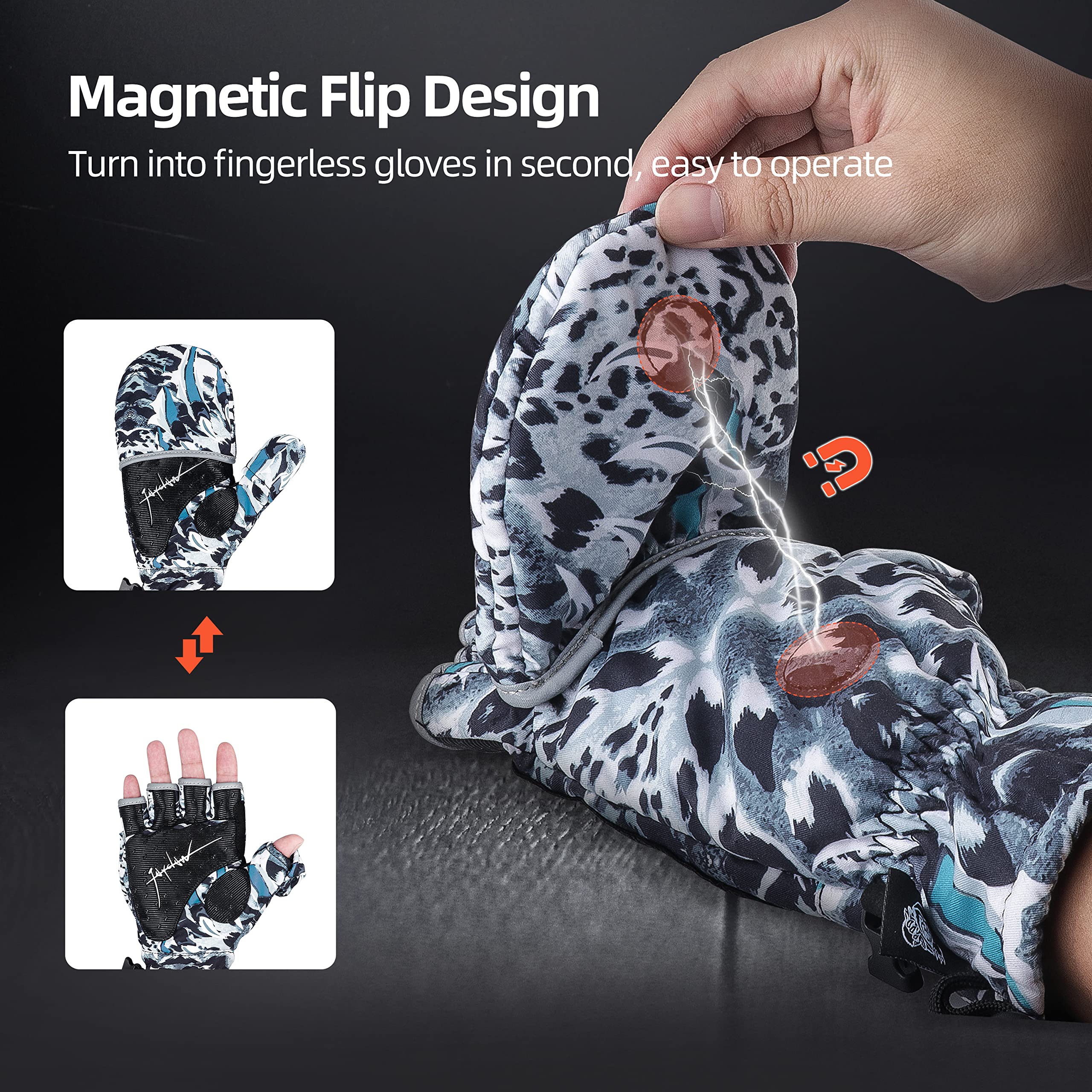 RUNCL Convertible Ice Fishing Gloves - 3M Thinsulate Winter Mittens with Flip Fingerless Design for Men & Women | Windproof Cold Weather Gloves for Fishing, Photography, Kayaking & Outdoor Winter Activities