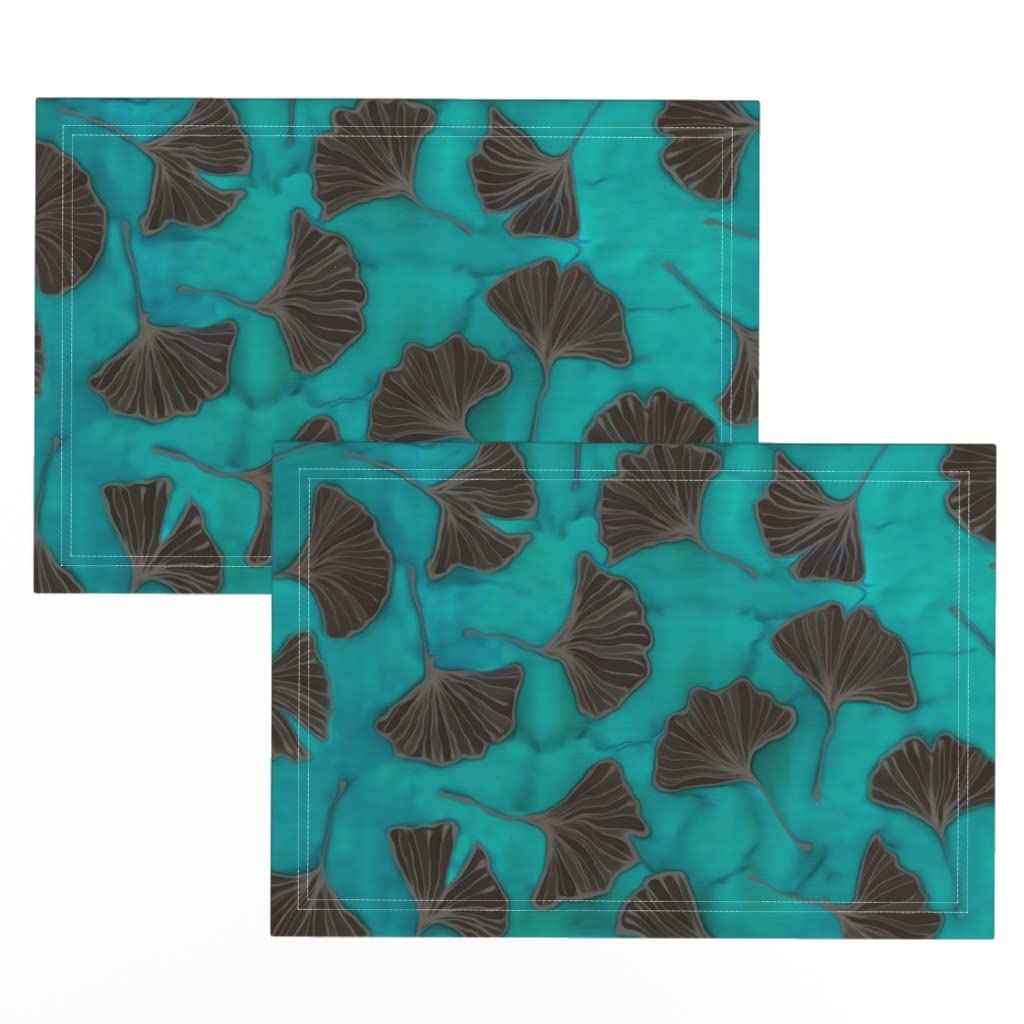 Spoonflower Linen Cotton Canvas Placemats Set of 2 - Teal Gingko Biloba Leaves Botanical Watercolor Japanese Garden Print - Elegant Dining Table Decor for Home, Kitchen, and Party Use
