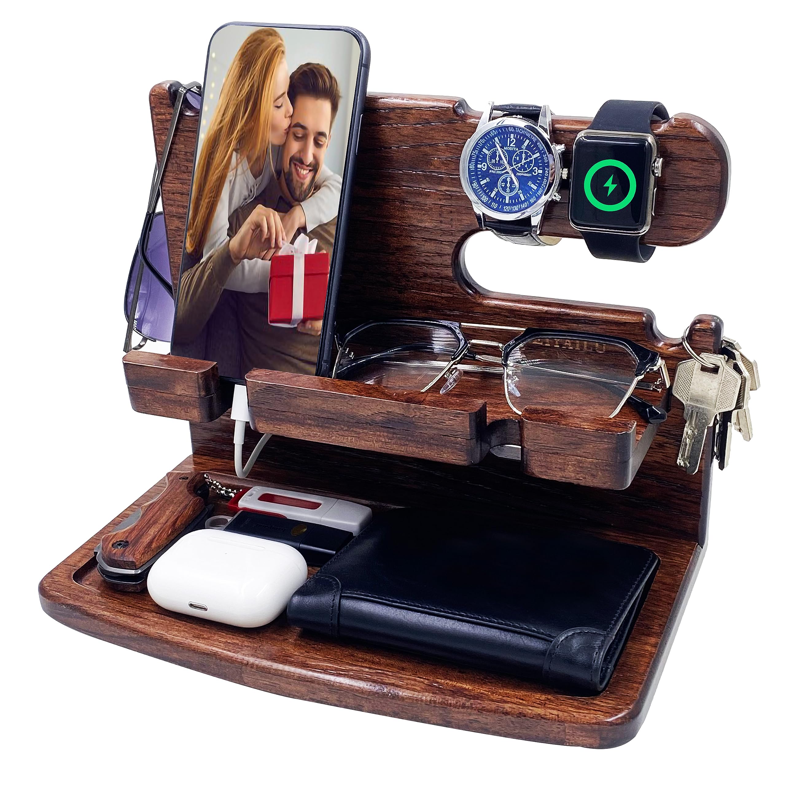 Wooden Phone Docking Station & Nightstand Organizer - Perfect Gift for Men, Women, Dad, Husband, Boyfriend | Birthday, Anniversary, Christmas Present (Dark Brown) | Bedside Storage for Phone, Watch, Wallet & Keys