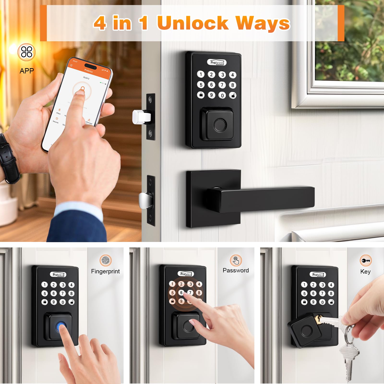 Probrico Smart Keyless Entry Door Lock with Handle - Fingerprint, Keypad & App Control for Front Door - Auto Lock & Deadbolt Security - Perfect for Homes, Apartments & Vacation Rentals