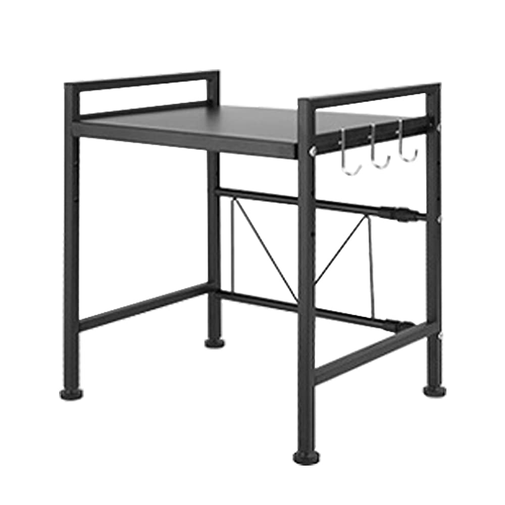 Stainless Steel Expandable 2-Tier Microwave Shelf with 3 Hooks - Space-Saving Kitchen Organizer for Countertops - Adjustable Length (Black) | Perfect for Small Kitchens, Apartments & Dorm Rooms