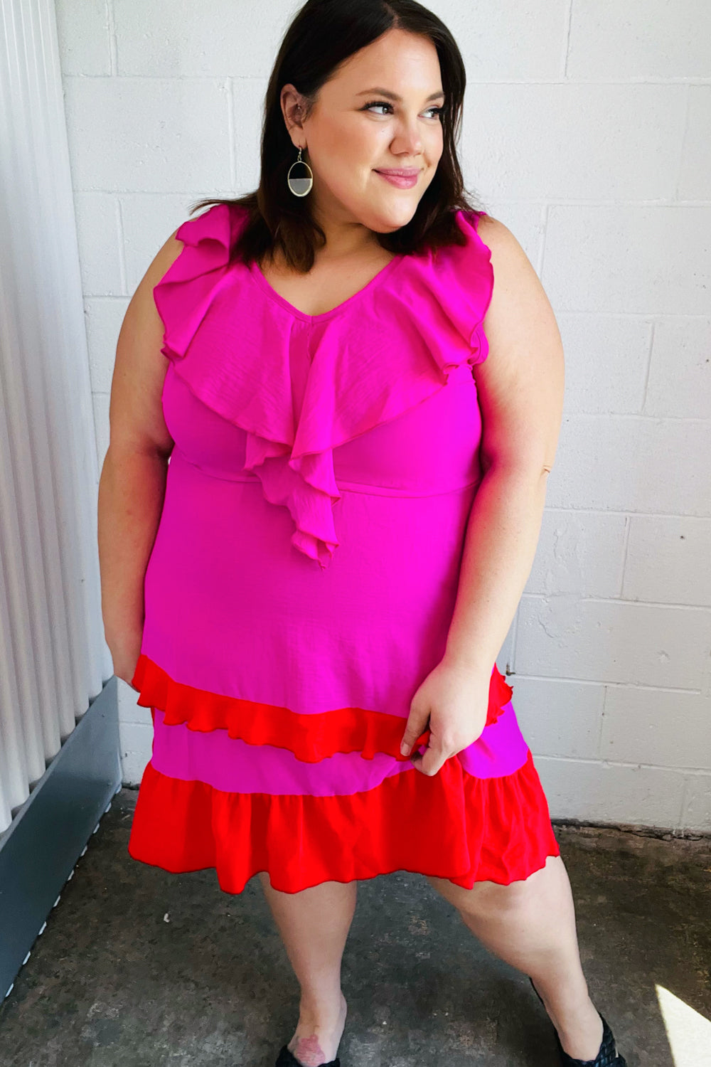 Fuchsia Ruffle V-Neck Crepe Tiered Midi Dress for Women - Flowy Party & Wedding Guest Outfit - Elegant Cocktail & Summer Dresses