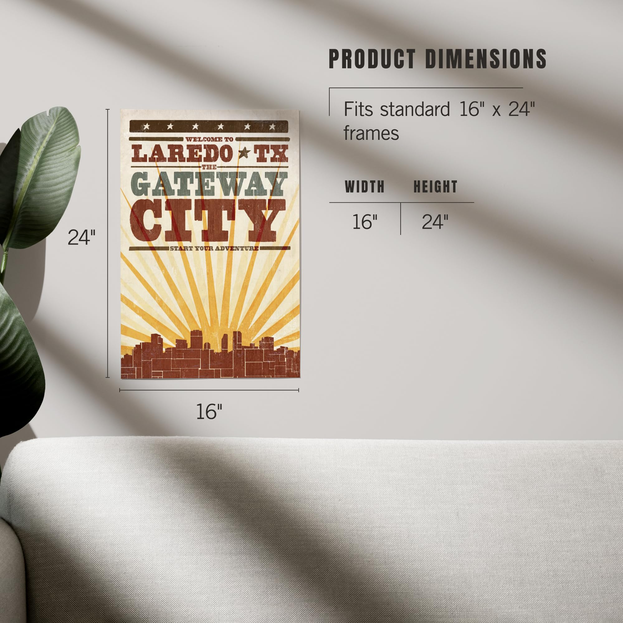 Lantern Press 16x24 Inch Giclee Art Print - Laredo Texas Skyline & Sunburst Screenprint Style Wall Decor - Perfect for Living Room, Bedroom or Office