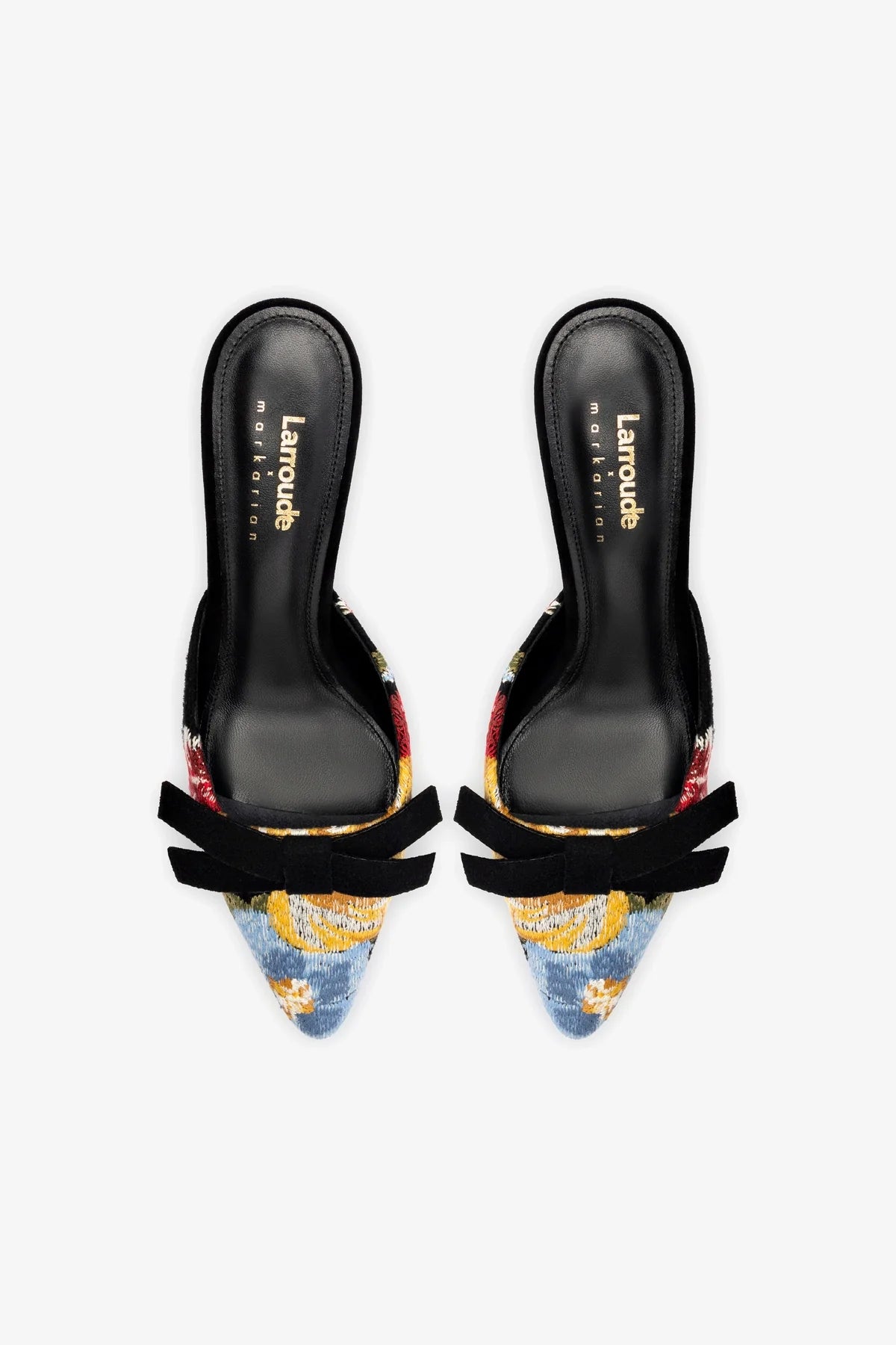 Larroudé x Markarian Black Wool Mule Shoes with Floral Embroidery - Elegant Slip-On Loafers for Women | Perfect for Office, Parties & Special Occasions