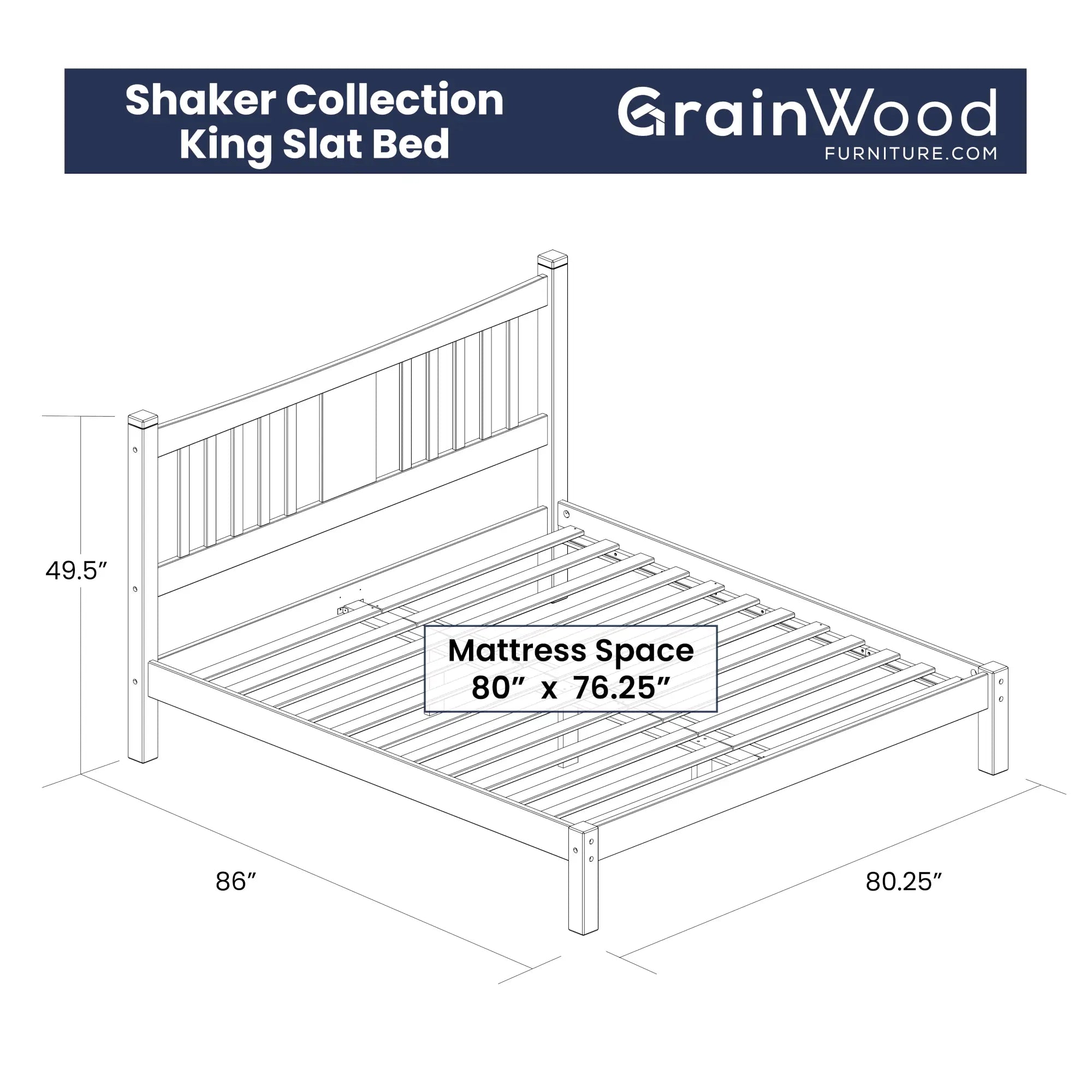 Modern Shaker Slat Platform Bed Frame - Queen Size, Solid Wood, Minimalist Design - Perfect for Bedroom, Guest Room, and Dormitory Use