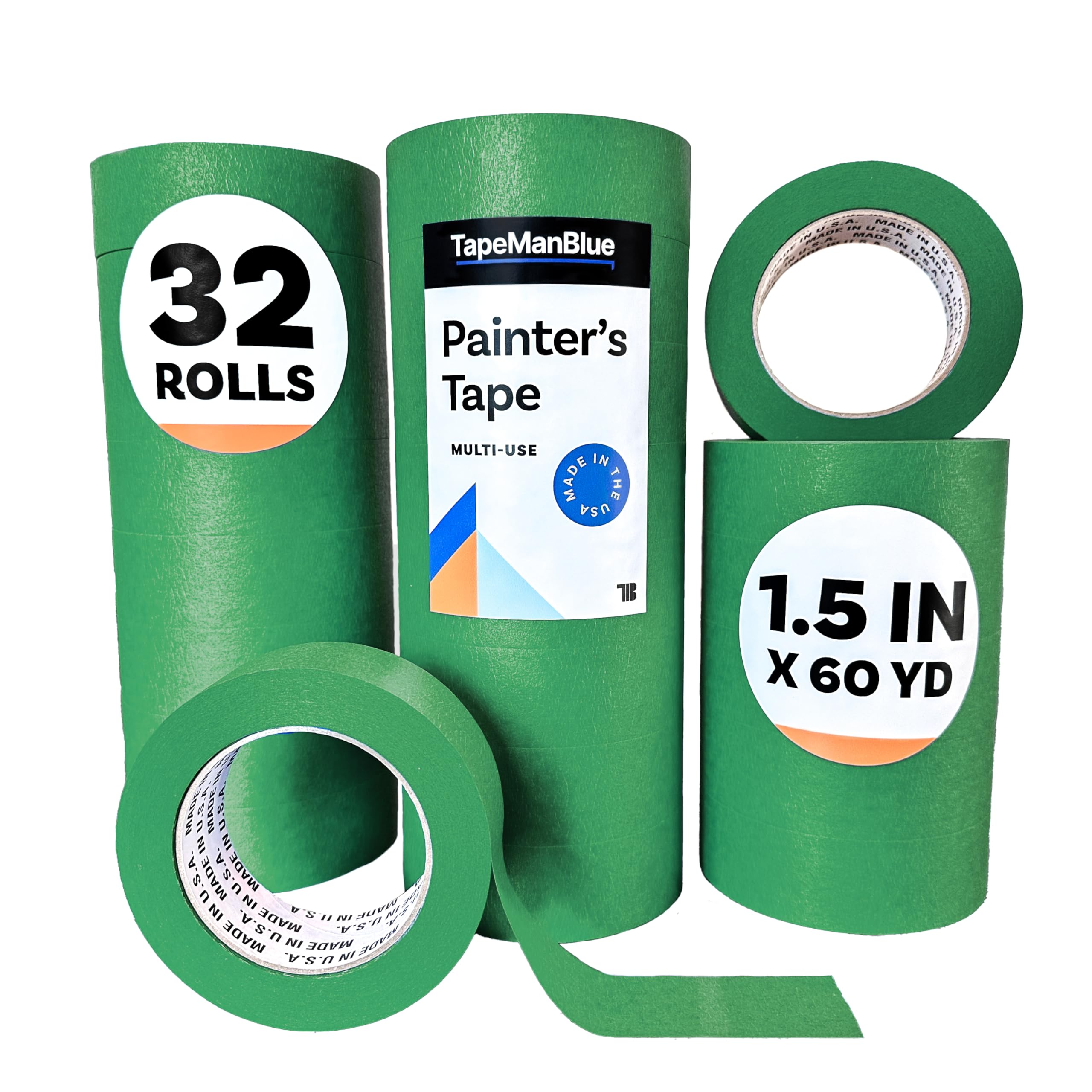 Premium 1.5 Inch x 60 Yards High Tack Green Painters Tape - 32 Rolls Case | Made in USA | Strong Adhesion & Clean Removal | UV Resistant Masking Tape for Walls, Wood, Glass & DIY Projects