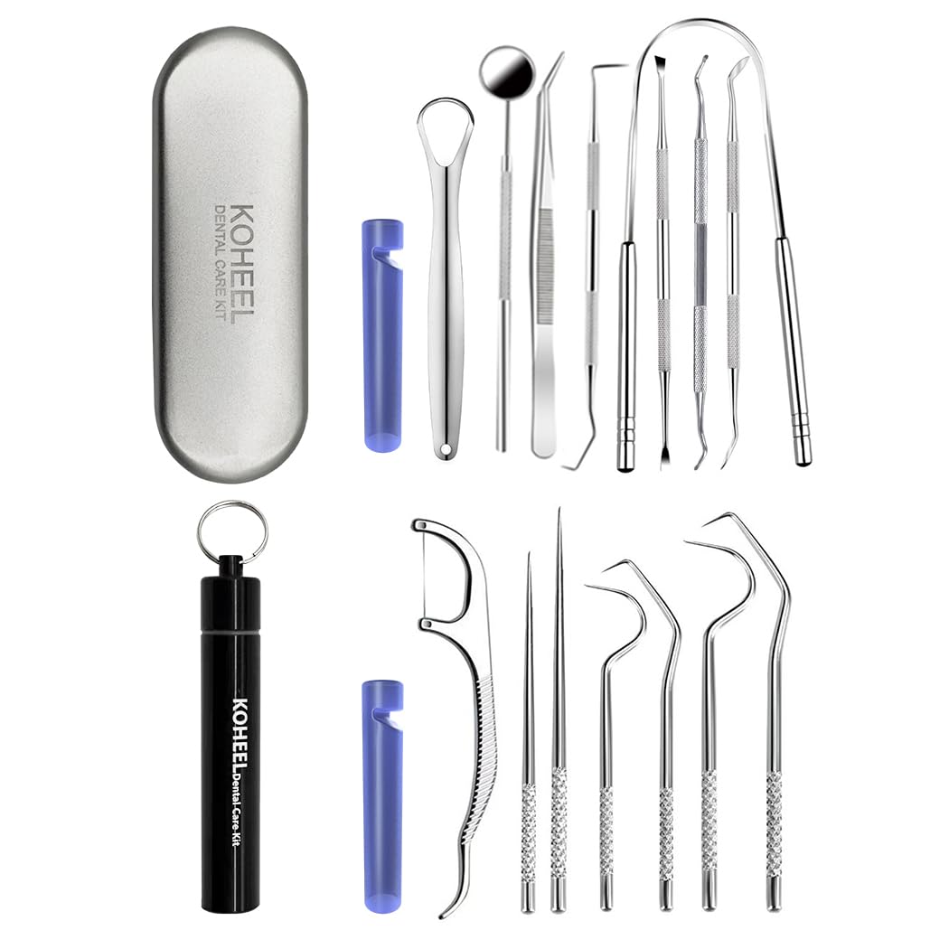 KOHEEL Professional Dental Tools Set with Metal Case - Teeth Cleaning Kit for Plaque Removal, Oral Hygiene Care & Stainless Steel Toothpicks - Reusable Dental Floss Picks & Tooth Picker (1 Pack) - Perfect for Home Dental Care, Travel & Professional Use