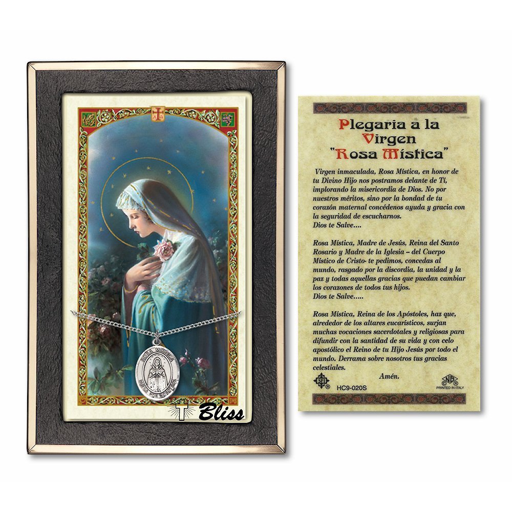 Bonyak Sterling Silver Our Lady of Rosa Mystica Pendant Necklace - 18 Inch Curb Chain with Mystical Rose & Prayer Card - Catholic Religious Jewelry for Women, Gift for Baptism, First Communion, Confirmation