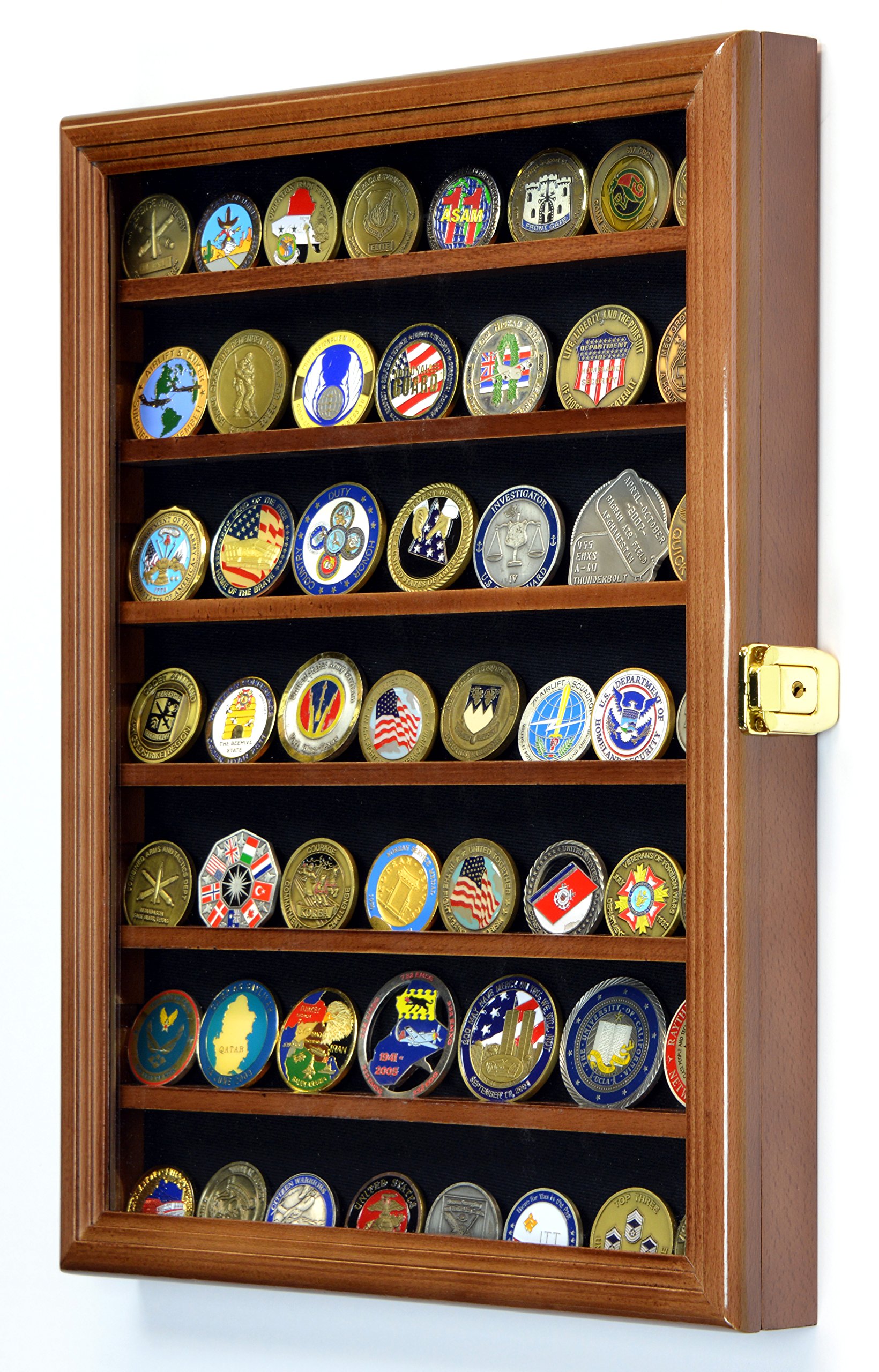 Military Challenge Coin Display Case with UV Protection - Walnut Wood Cabinet for Collectors, Veterans & Enthusiasts | Perfect for Home, Office & Military Memorabilia Showcase