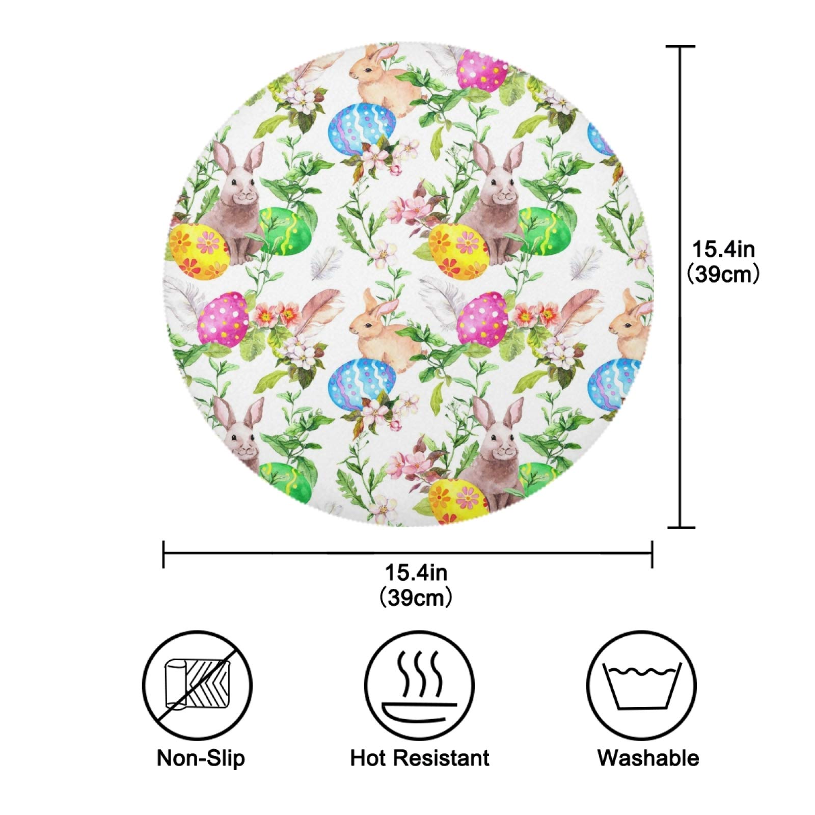 Easter Bunny Eggs in Grass Flowers Round Placemats Set of 6 - Washable Kitchen Table Mats for Easter Decorations, Spring Dining, Holiday Parties & Family Gatherings