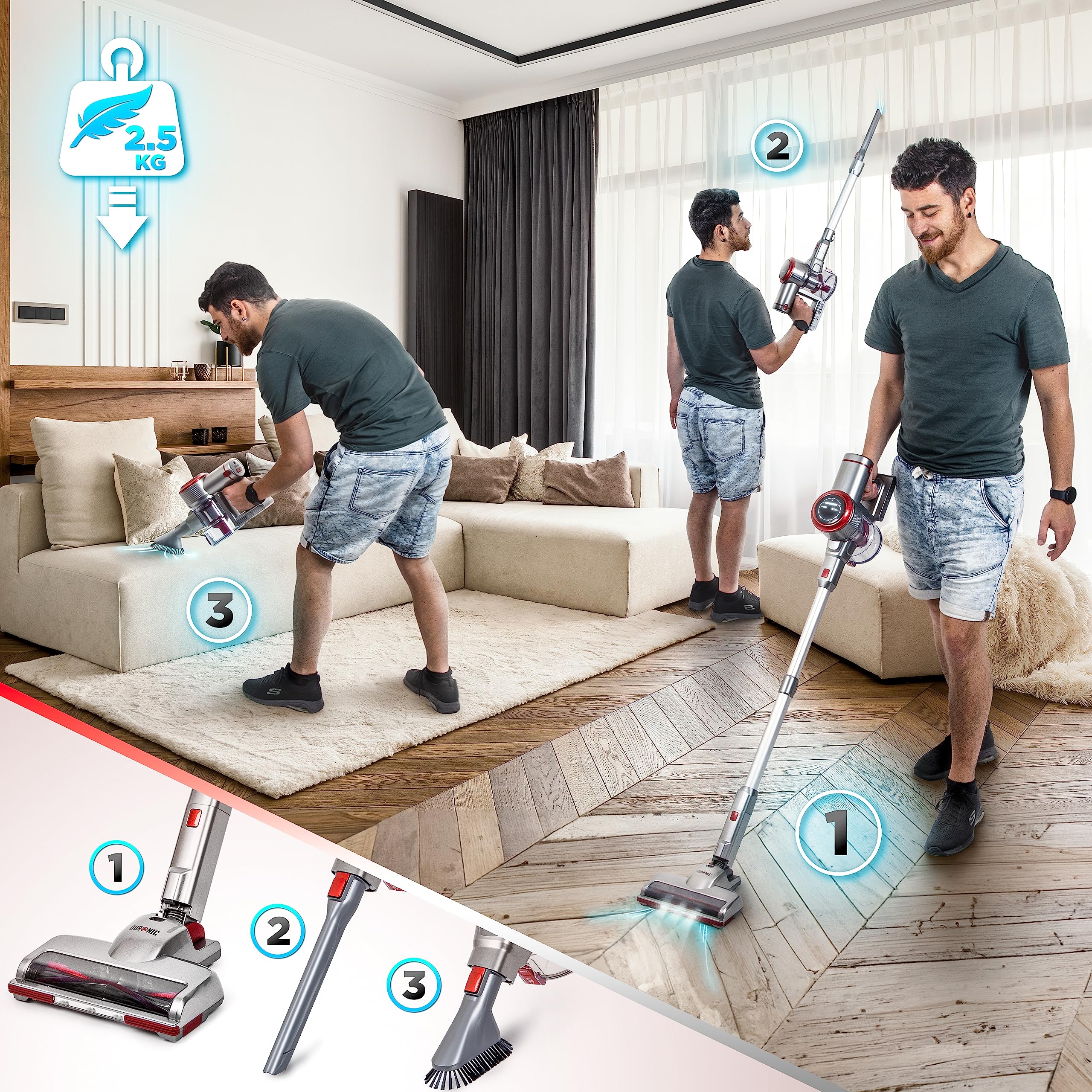 Duronic VC24 Cordless Vacuum Cleaner - 220W Rechargeable Handheld Stick Vacuum with Lithium Battery, Adjustable Suction for Hard Floors & Carpets | Powerful Pet Hair & Dust Removal | Ideal for Home, Office & Car Cleaning