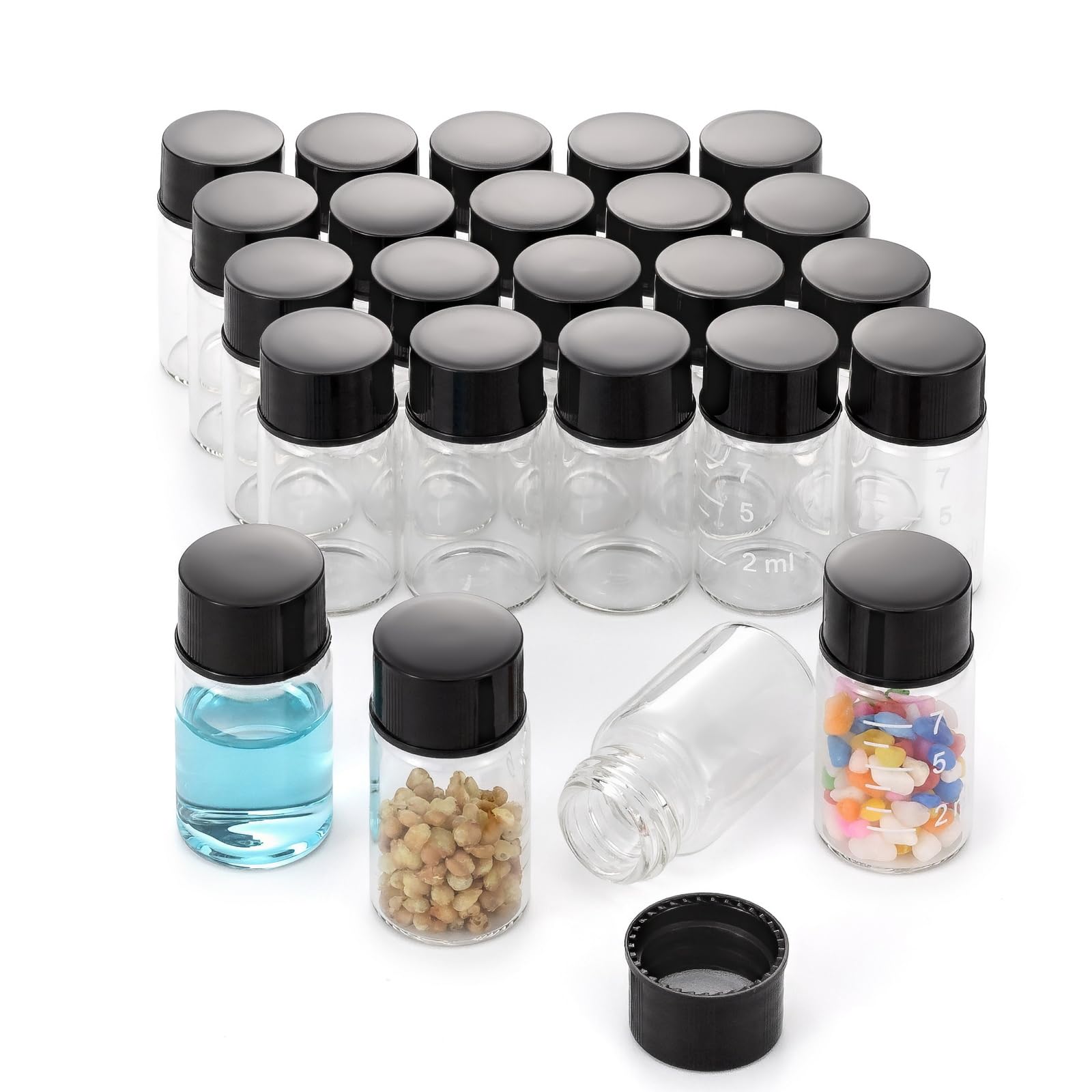 24Pcs 7ml Small Glass Vials with Lids - Empty Refillable Perfume Travel Bottles, Lab Sample Vials with Screw Caps for Essential Oils & Liquids (12Pcs Include Graduated Measuring Scale) - Perfect for DIY Perfumes, Aromatherapy & Travel Toiletries