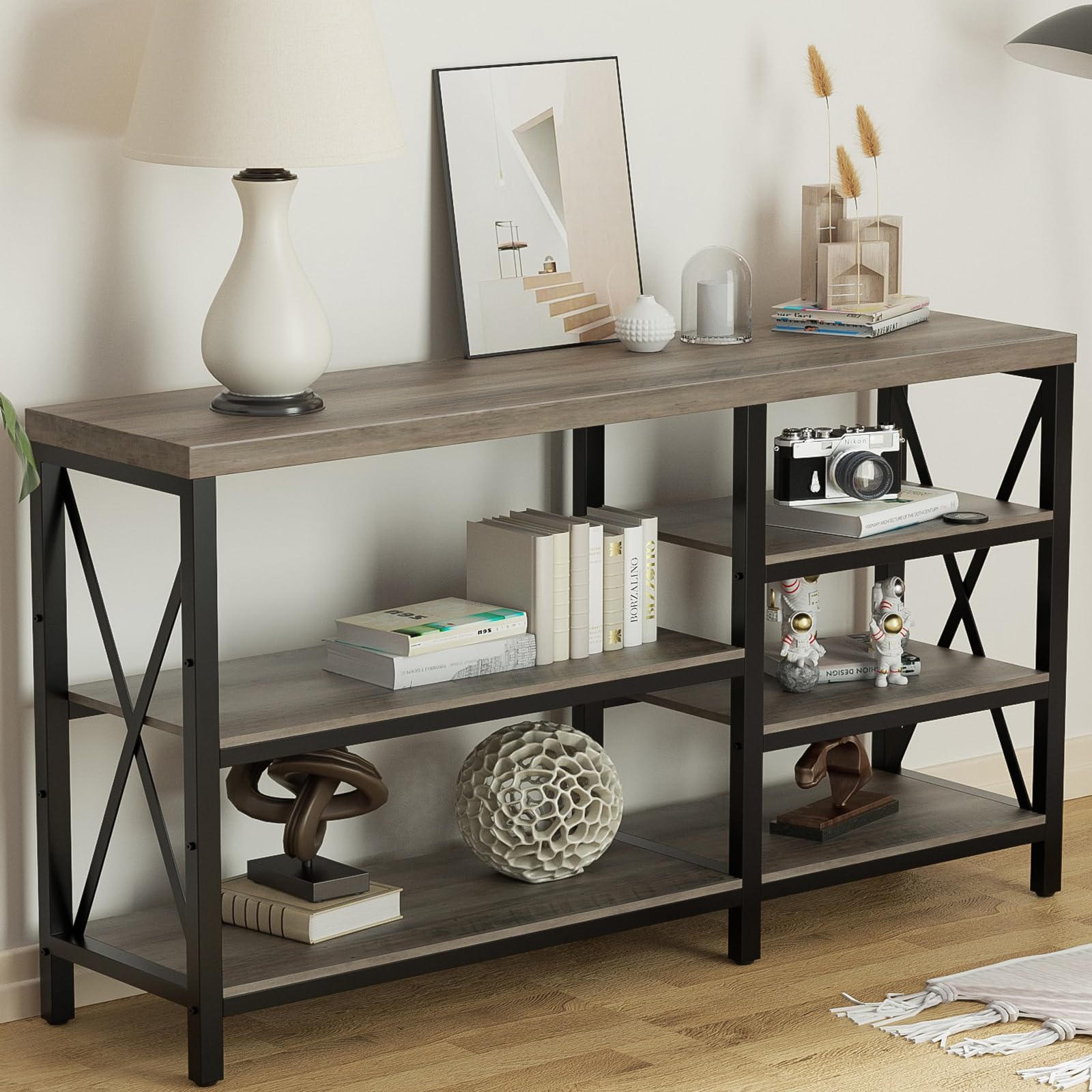 LGHM 5-Tier Narrow Console Table with Storage Shelves - Entryway Sofa Table for Living Room, Hallway & Couch - Gray Wash Finish | Perfect for Small Spaces, Apartment Decor & Home Organization