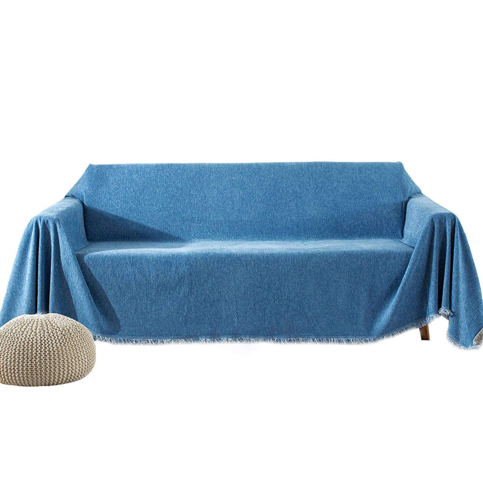 HUOLEO Chenille Sofa Slipcover for 3 Cushion Couch - Soft Thick Furniture Protector with Tassel - Universal Fit 70x118 inches (180x300cm) - Blue - Perfect for Living Room, Family Room & Home Decor Protection