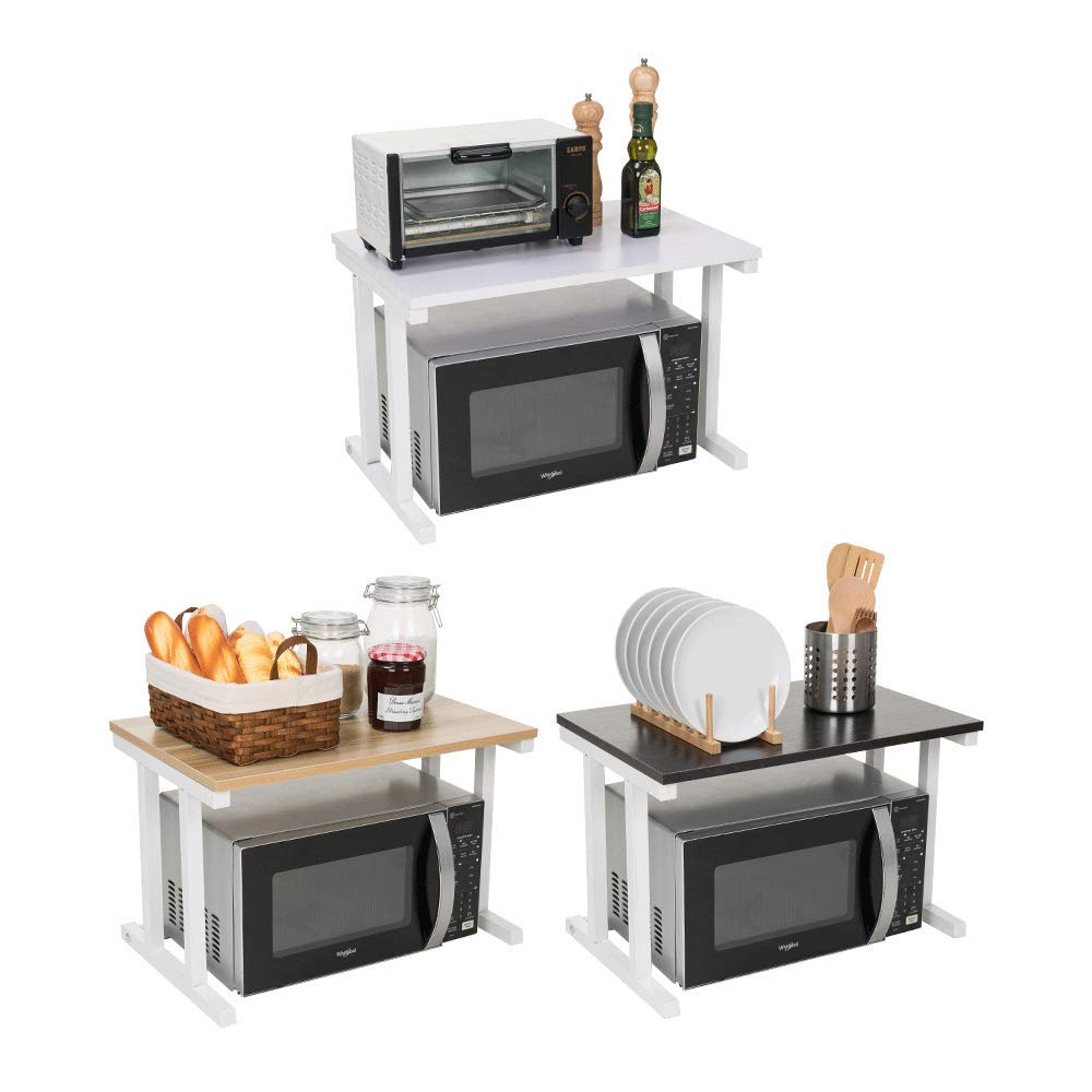 2-Tier Wooden Microwave Oven Rack - Black Countertop Shelf Organizer for Kitchen & Office | Space Saving Storage for Microwave, Printers & Small Appliances | Perfect for Small Kitchens, Dorm Rooms & Home Offices