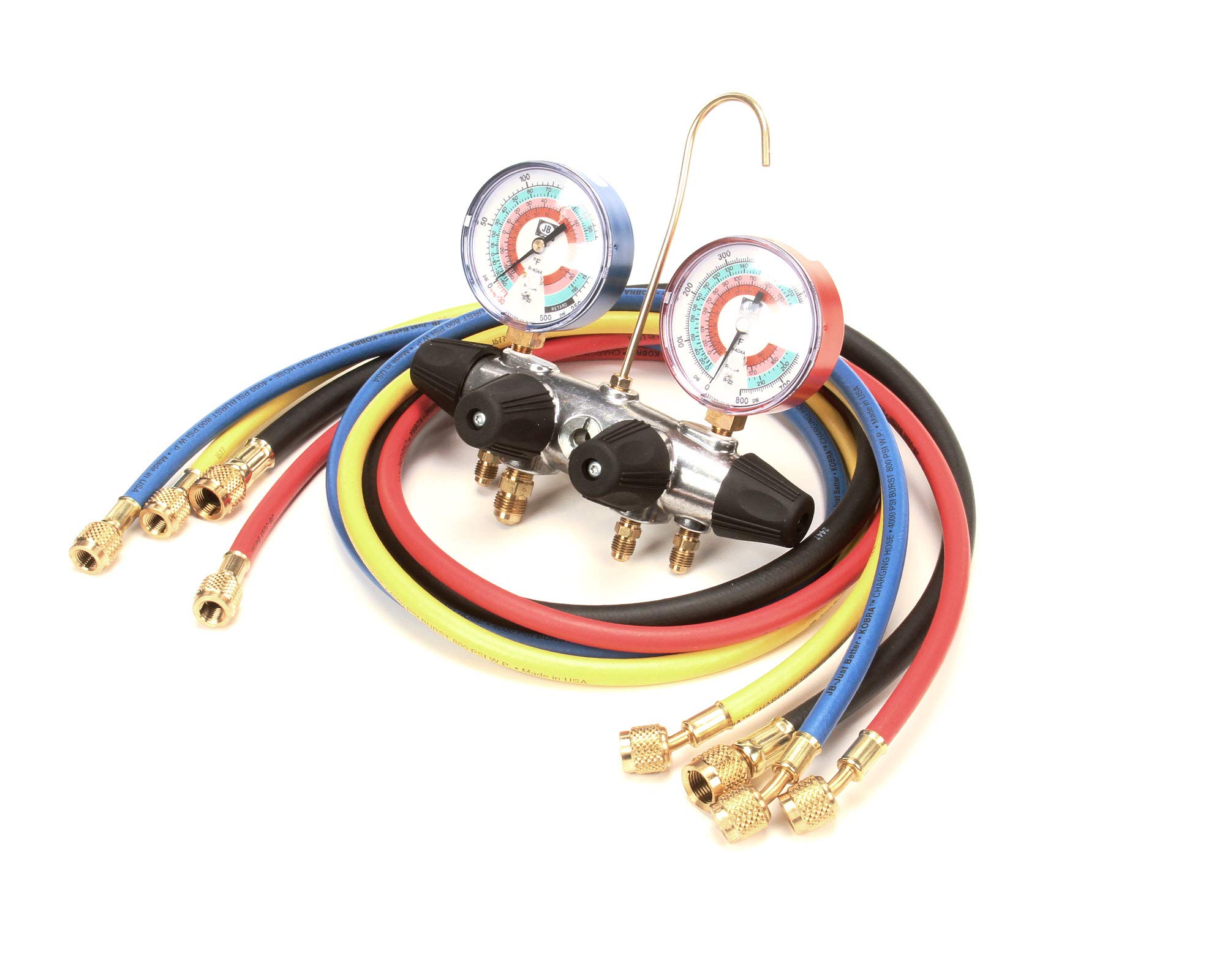 JB Industries 25233 4 Valve Aluminum Manifold with Hose - HVAC Refrigeration System Tool for AC Repair & Maintenance