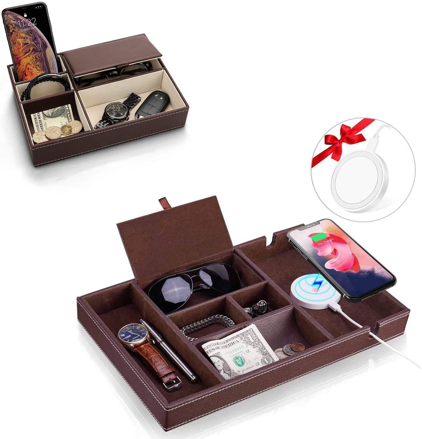 Premium Leather Valet Tray Organizer for Men & Women - Nightstand Dresser Tray with Wireless Charging Pad | Jewelry, Watch, Keys & Wallet Organizer | Perfect for Bedroom, Office & Travel Accessories Storage