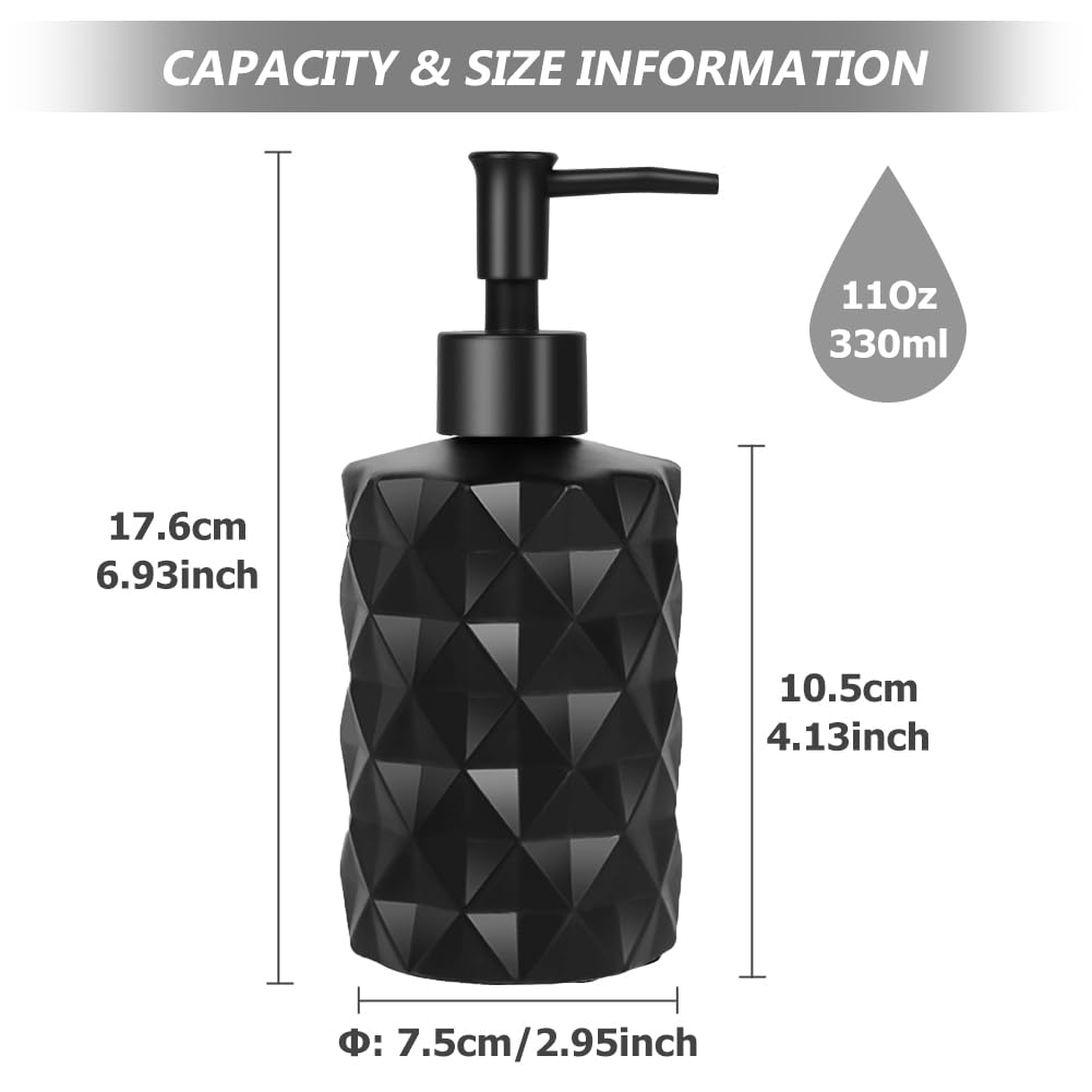 12 Oz Matte Black Glass Soap Dispenser with Stainless Steel Pump & Funnel - Refillable Bathroom & Kitchen Liquid Dispenser for Hand Soap, Lotion, Shampoo | Modern Home & Spa Decor Accessory