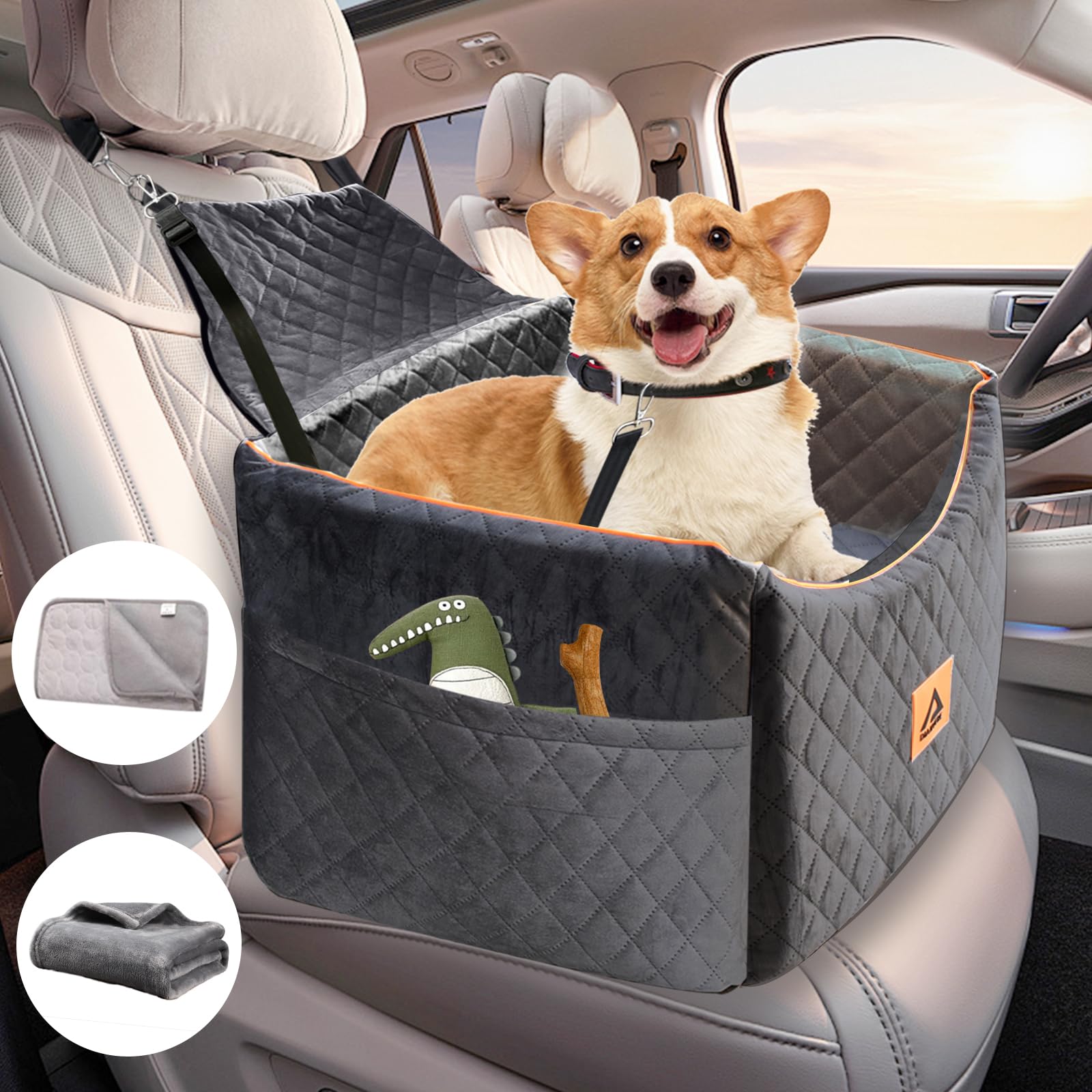 **Memory Foam Dog Car Seat for Small & Medium Dogs (Up to 35lbs) - Quick Rebound Booster Pet Travel Bed with Washable Cover, Storage Pocket & Seat Belt - Gray - Perfect for Road Trips & Daily Commutes**