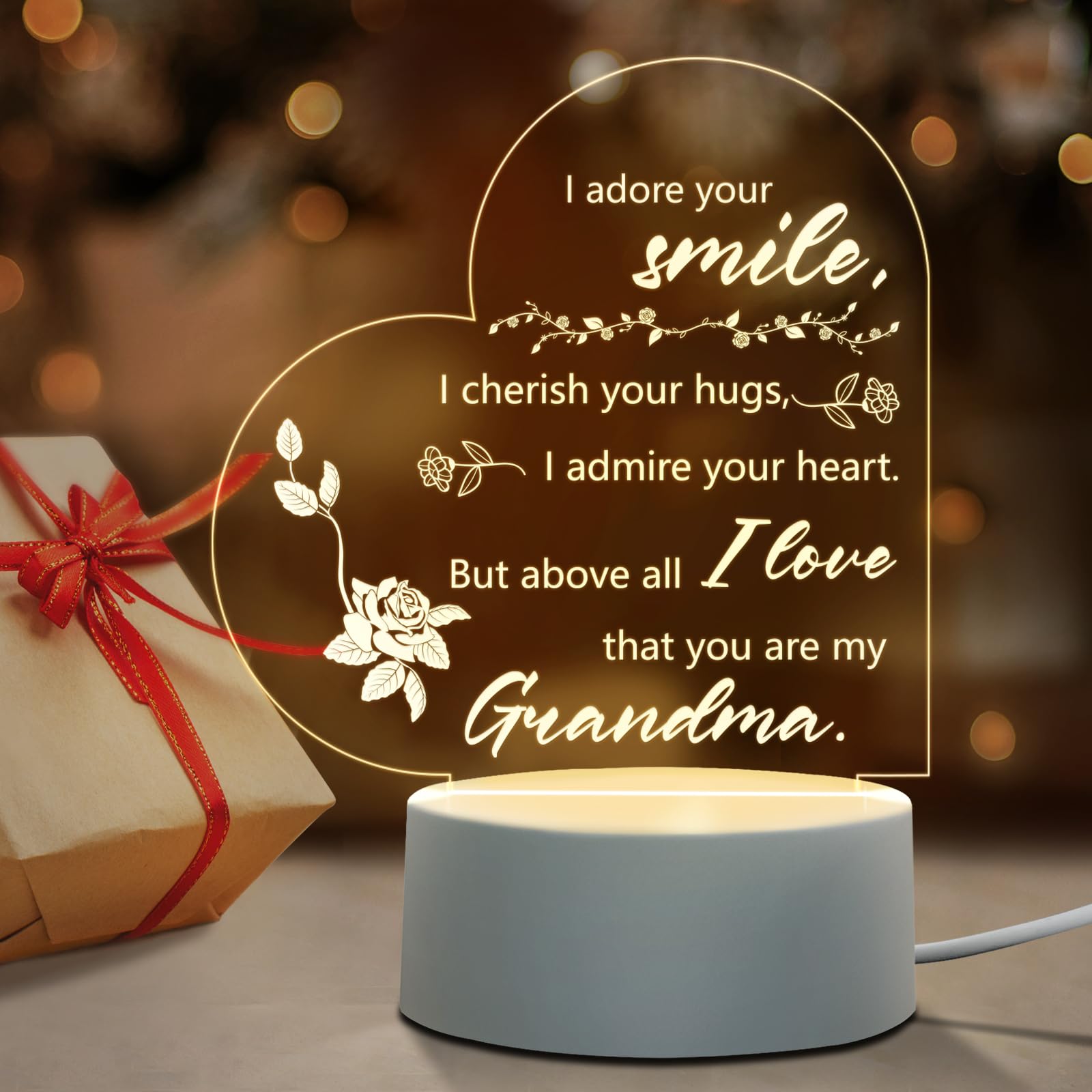 SteadStyle LED Night Light for Grandma - Birthday, Christmas & Mother's Day Gift from Grandkids - Acrylic Table Lamp with Sweet Message - Perfect Bedside Decor for Grandma's Room