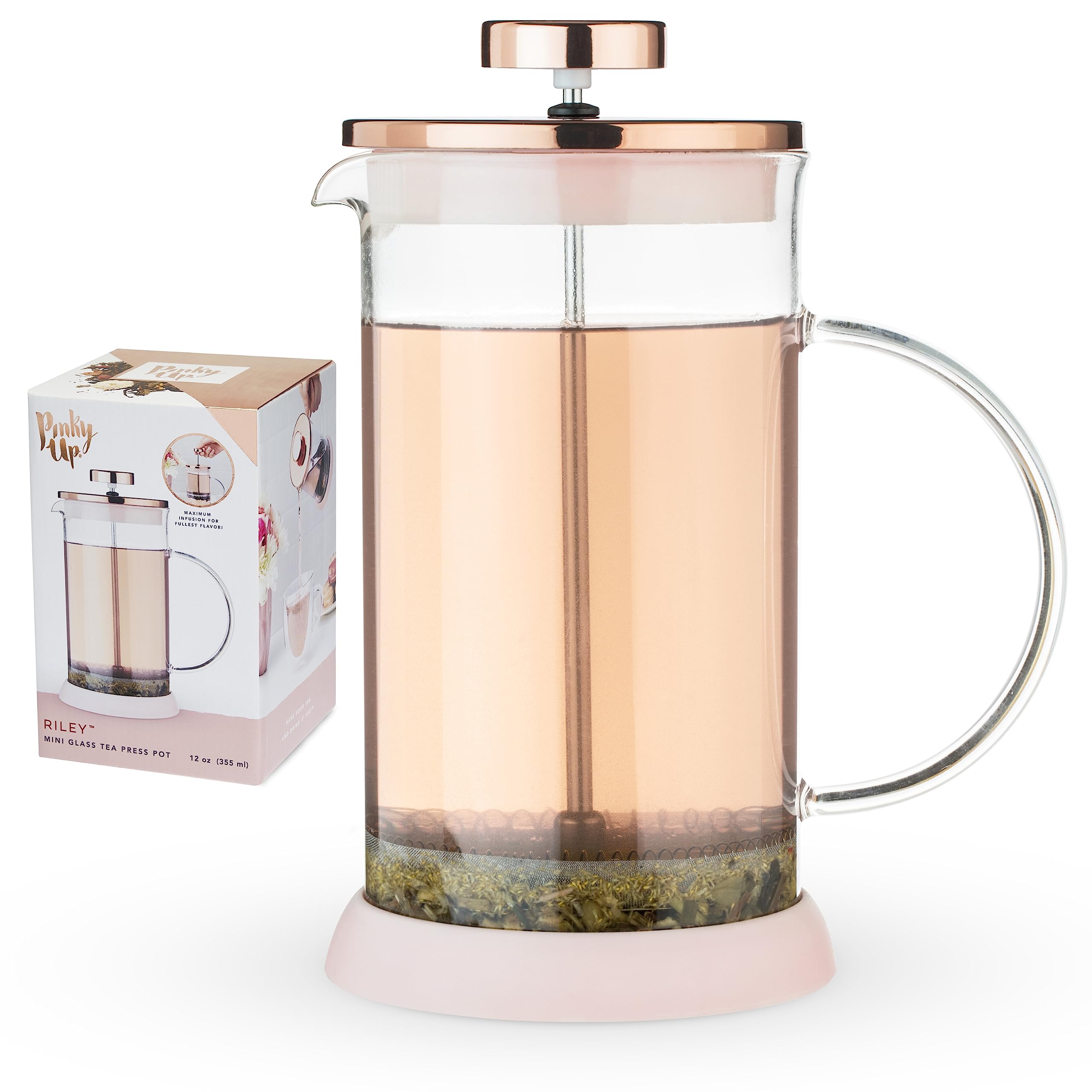 Pinky Up Riley Mini Glass Tea Press Pot - 12 oz French Press Coffee Maker for Loose Leaf Tea & Coffee - Hot & Iced Beverage Brewer in Pink - Perfect for Home, Office & Travel Use