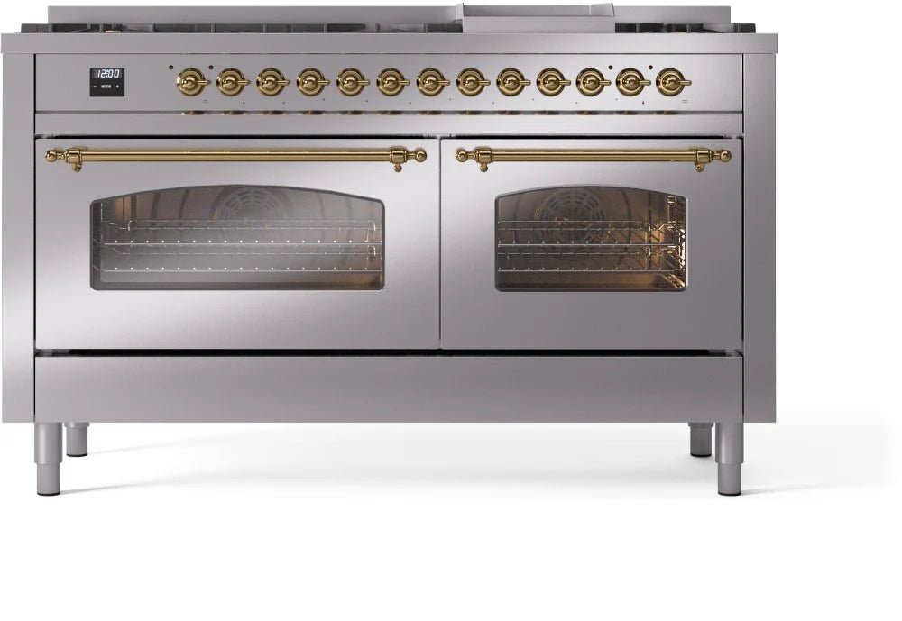 ILVE Nostalgie II 60-Inch Dual Fuel Natural Gas Range with Brass Trim - Stainless Steel Professional Stove for Gourmet Cooking | Perfect for Home Chefs & Luxury Kitchens