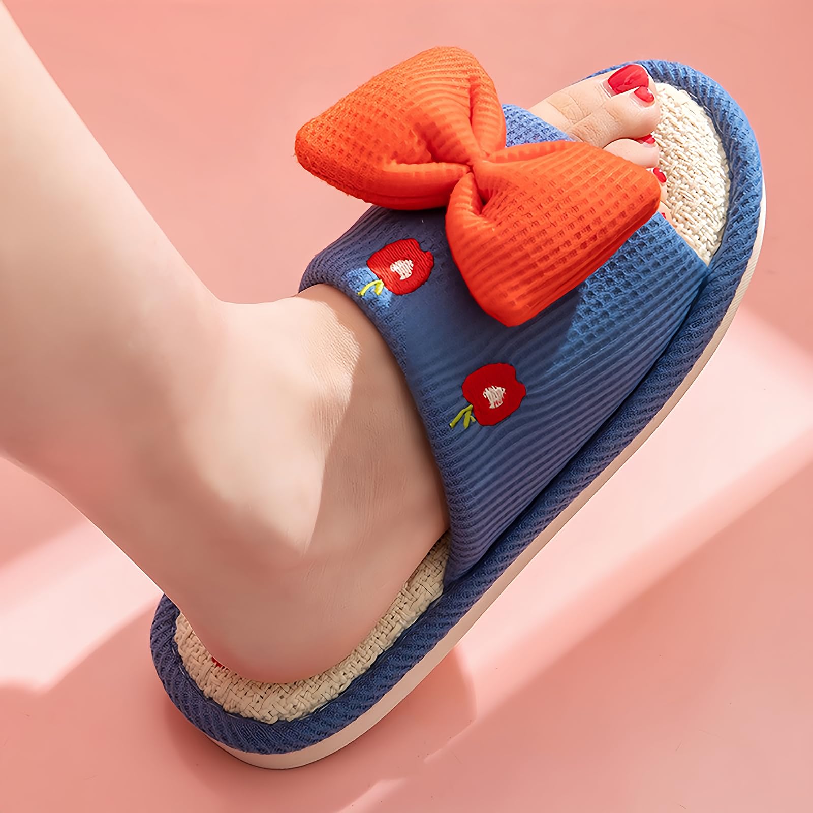 Comfortable Linen Slippers with Cute Bow & Non-Slip Thick Sole - Cozy Home Footwear for Women, Perfect for Indoor Relaxation and Lounging