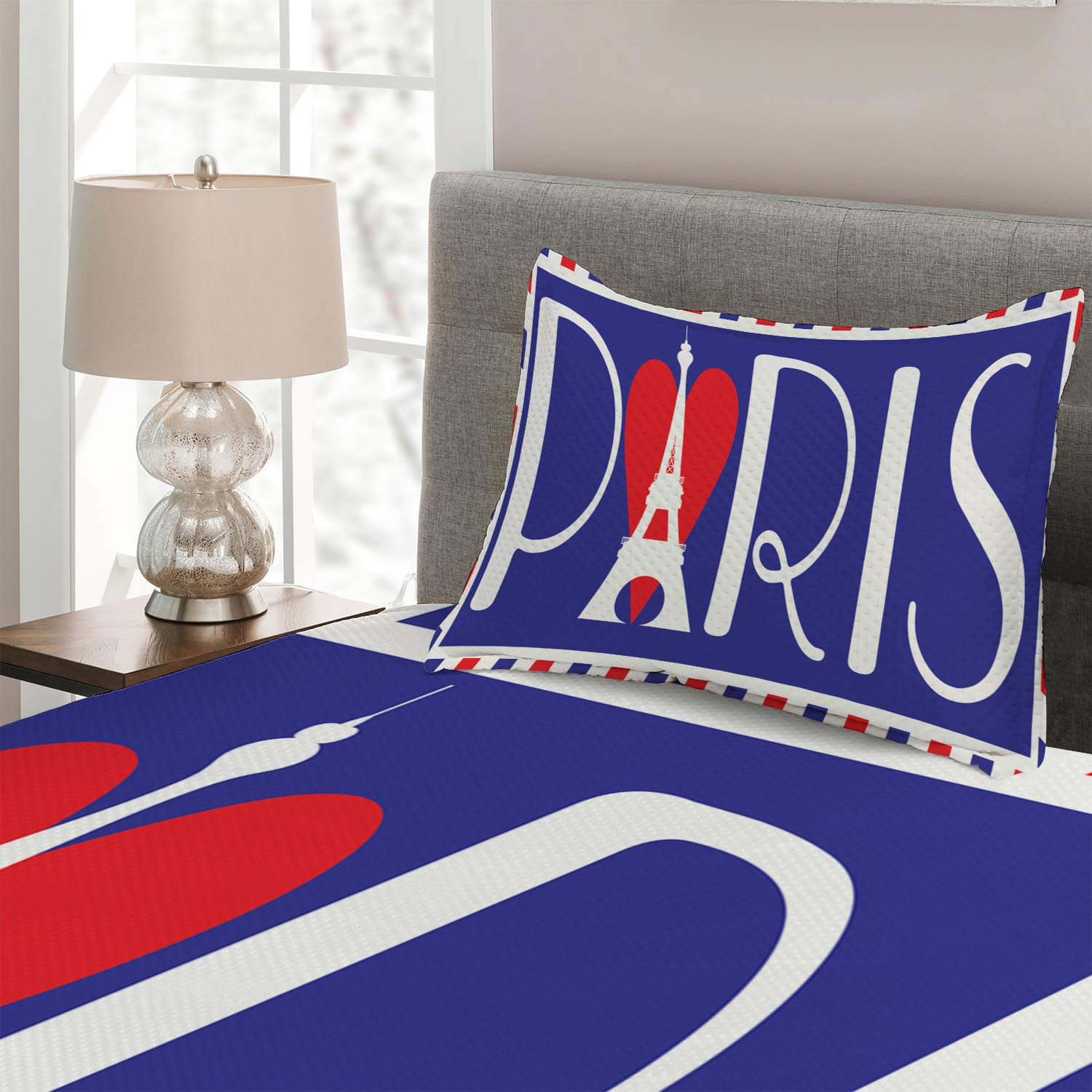 Ambesonne Paris Themed Quilt Set - Twin Size Eiffel Tower Bedspread with Heart & Bold Lettering, 2-Piece Quilted Coverlet & Pillow Sham in Dark Violet, Coral & White | Perfect for Parisian Bedroom Decor & Travel Enthusiast Gift