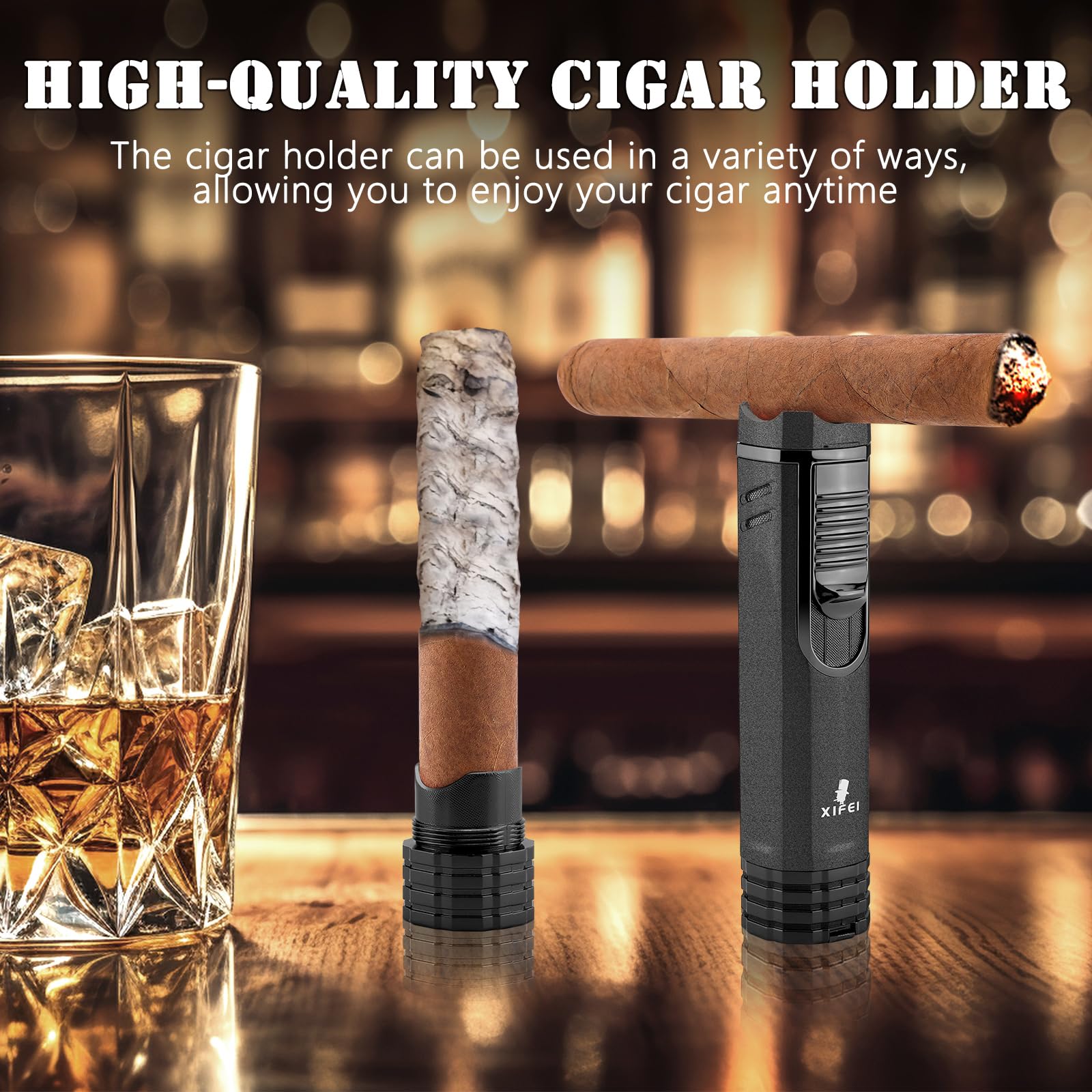 Premium 4-in-1 Refillable Butane Torch Lighter with 3-Angled Jet Flames, Cigar Puncher & Draw Enhancer - Sand Black | Perfect for Cigar Aficionados, Outdoor Smoking & Luxury Gifts