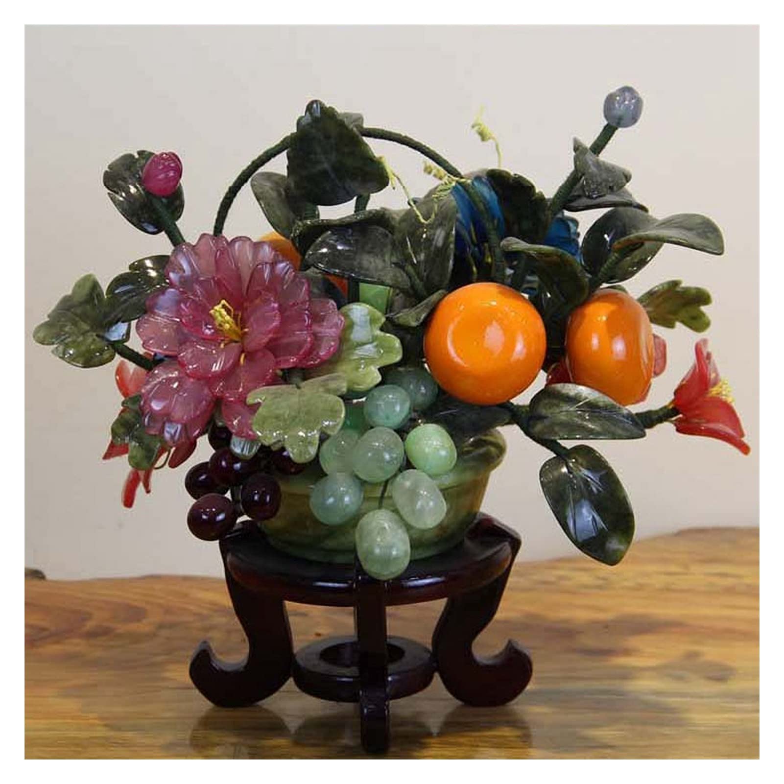 Realistic Artificial Bonsai Tree with Jade Flowers & Fruit Basket - Lifelike Fake Plant for Home Decor, Office Desk & Zen Meditation Space | Low-Maintenance Indoor Potted Plant for Living Room, Bedroom or Gift