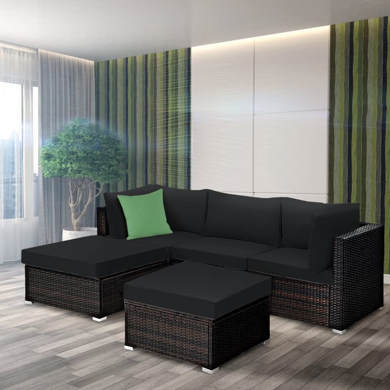 HAPPYGRILL 5-Piece Patio Furniture Set - Outdoor/Indoor Rattan Sectional Sofa with Anti-Slip Foot Pads, PE Wicker Conversation Set Includes 2 Ottomans & Cushions - Perfect for Backyard, Porch, Garden, Poolside Relaxation & Entertaining