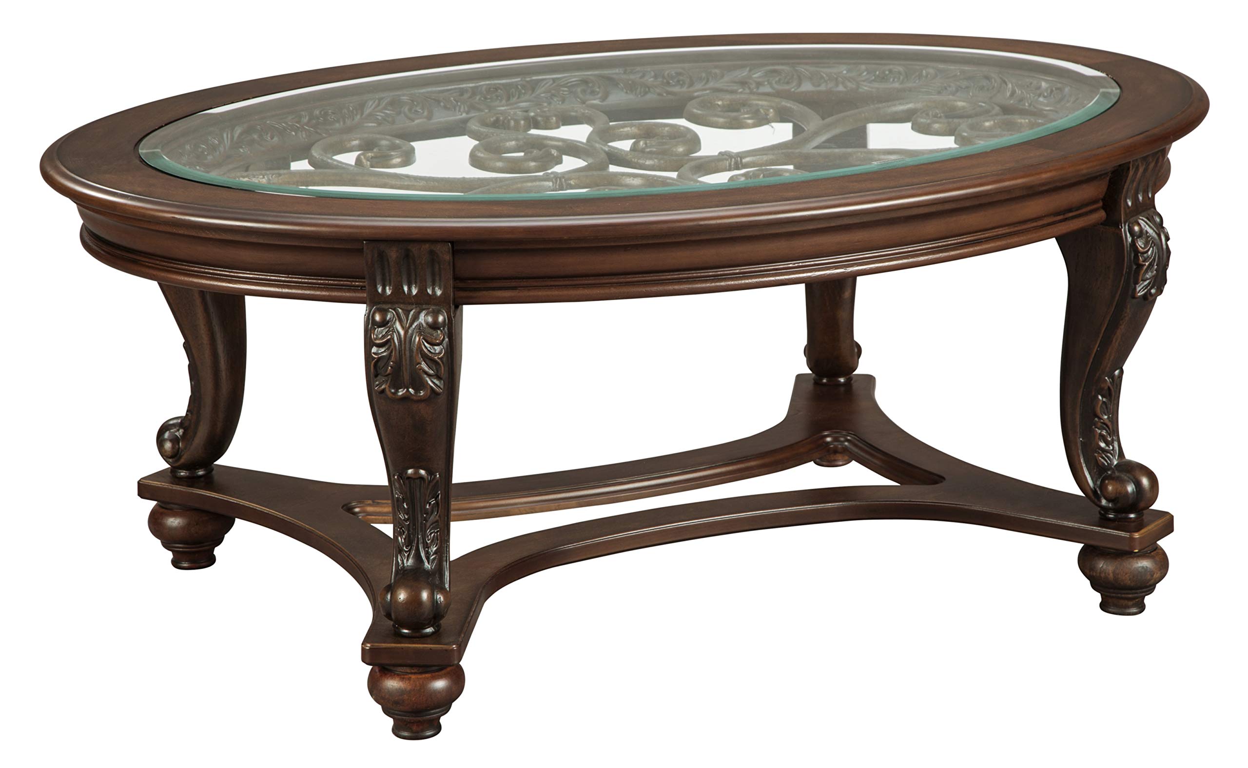 Signature Design by Ashley Norcastle Vintage Oval Coffee Table - Dark Brown Wood with Beveled Glass Top & Elegant Scrollwork Legs | Perfect for Living Room, Lounge or Office Decor