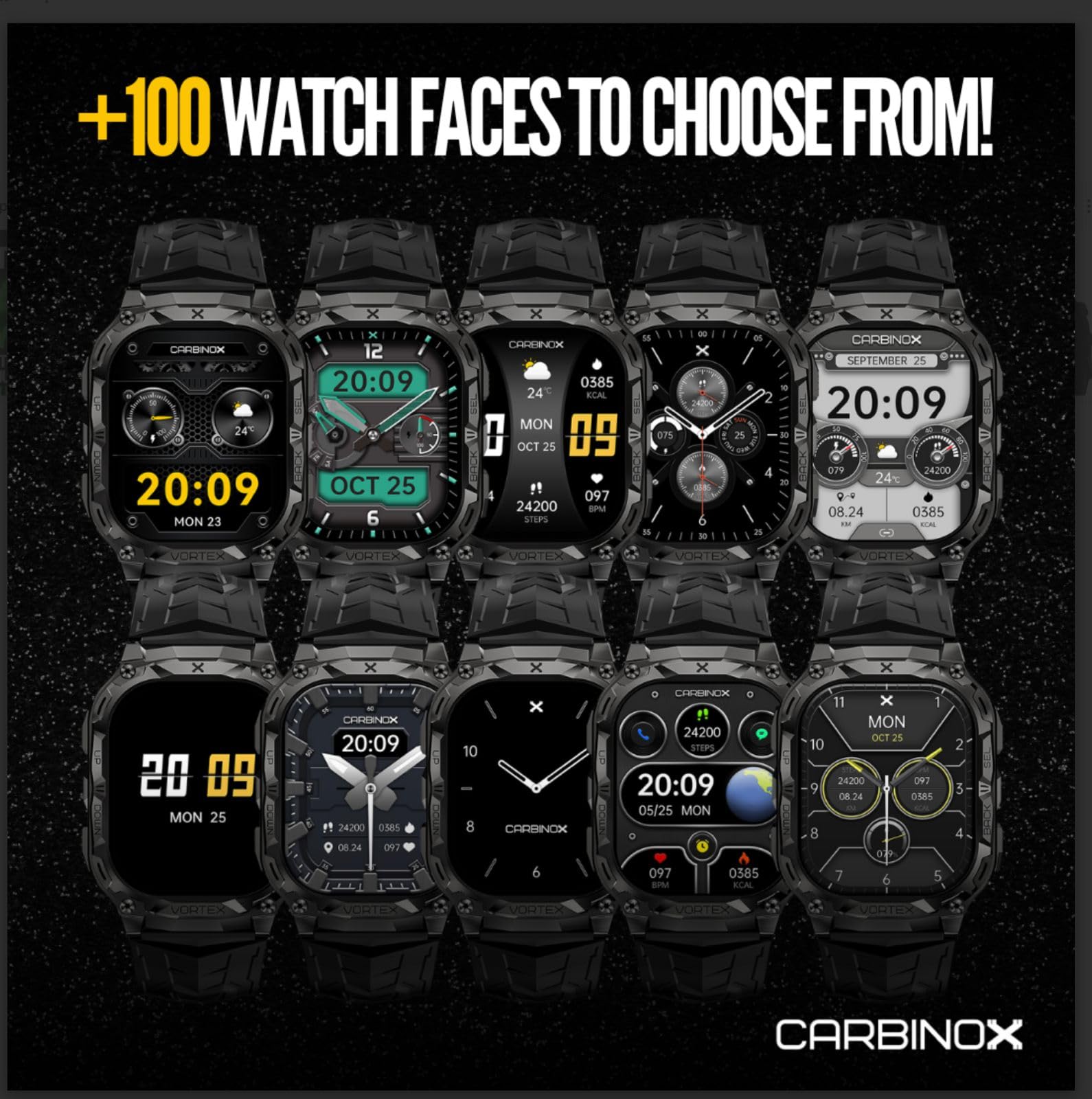 CARBINOX Vortex Smart Watch with Charger - Rugged IP69K Waterproof Fitness Tracker for Android & iOS, 14-Day Battery Life, Military-Grade Durability - Perfect for Outdoor Sports, Hiking, and Daily Fitness Tracking
