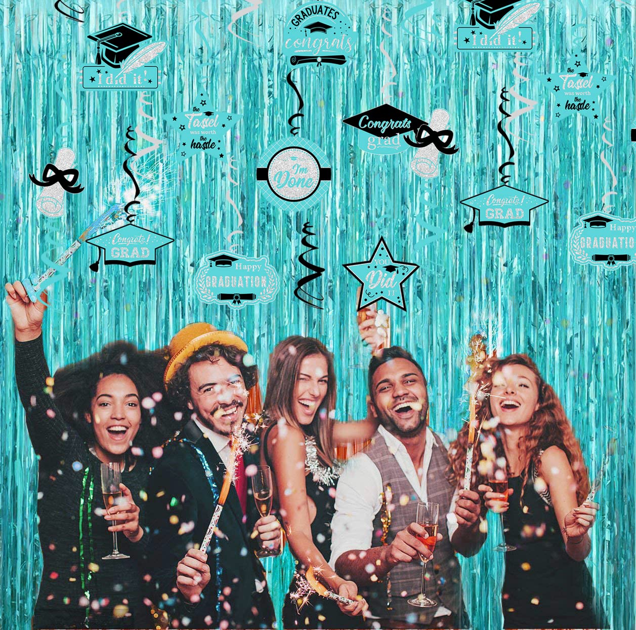 2025 Teal & Silver Graduation Party Decorations Set - 15pcs Hanging Swirls for Class of 2025 | Turquoise, Black & Silver Graduation Decor | Perfect for Graduation Ceremonies, Parties & Photo Backdrops