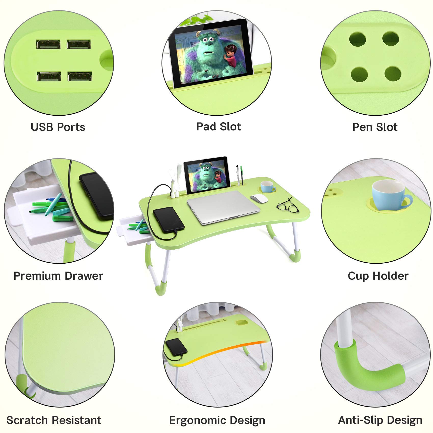 Foldable Laptop Desk with Drawer - Portable Standing Desk for Bed, Couch & Floor - Adjustable Breakfast Tray for Reading, Writing & Working - Perfect for Home Office, Dorm & Travel Use